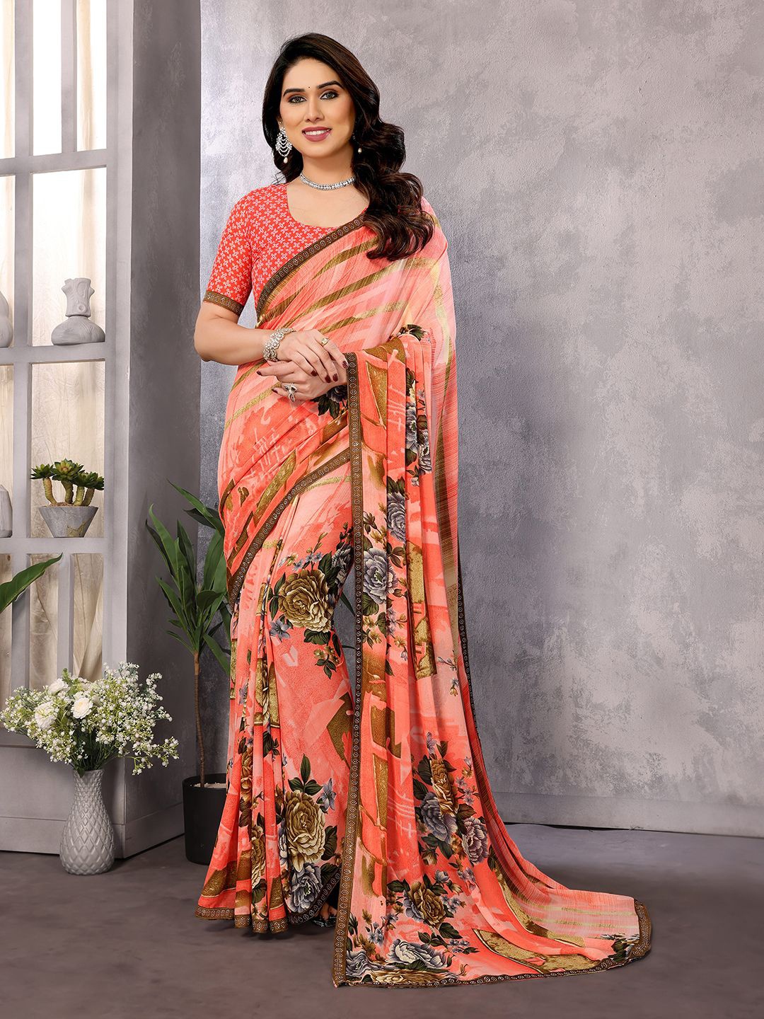 

ANAND SAREES Floral Mukaish Pure Georgette Saree, Coral