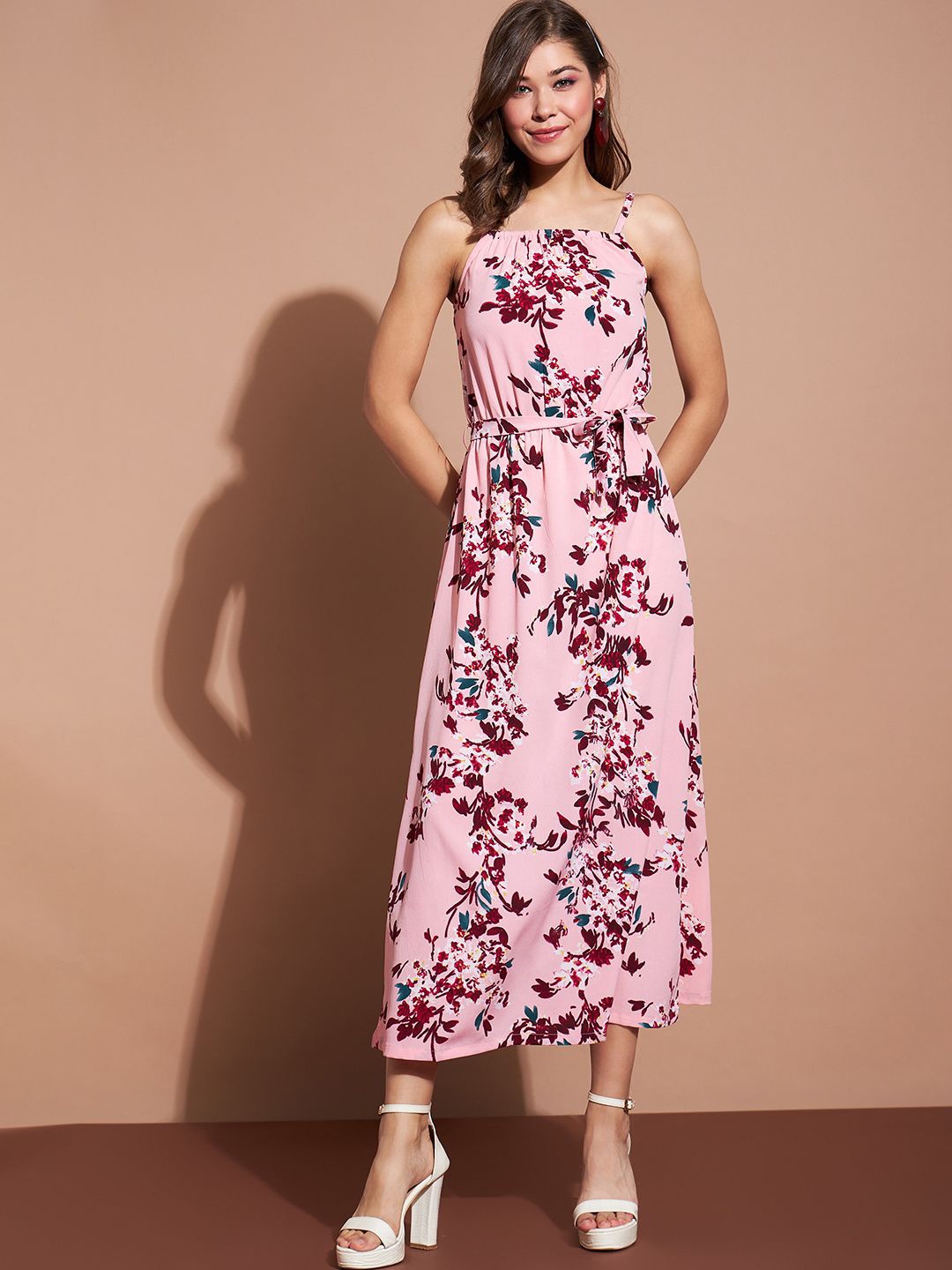 

DressBerry Women Floral Print Shoulder Straps Fit & Flare Maxi Dress, Pink