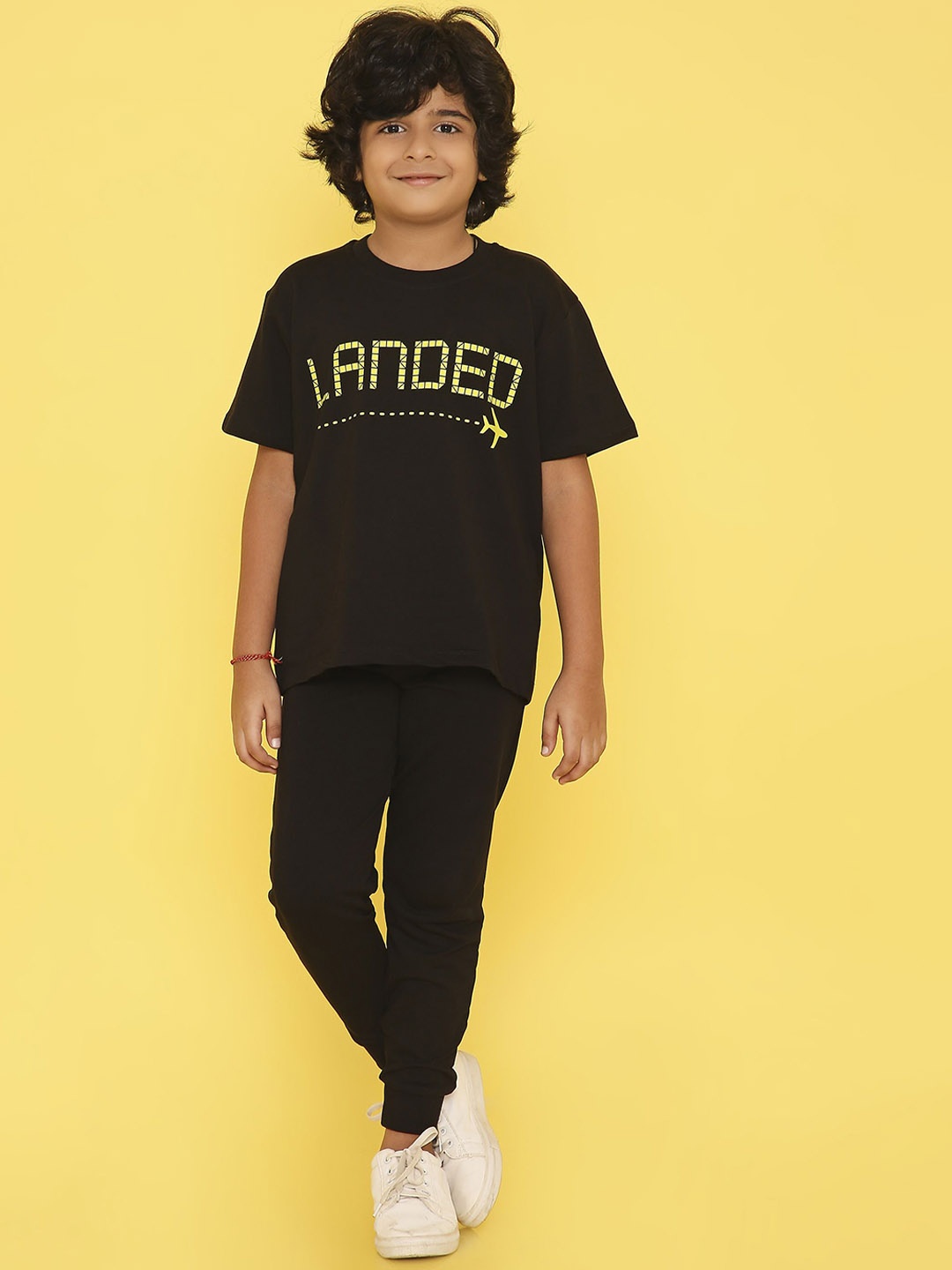 

Knitting Doodles Kids Cotton Printed T-shirt and Joggers Tracksuits, Black