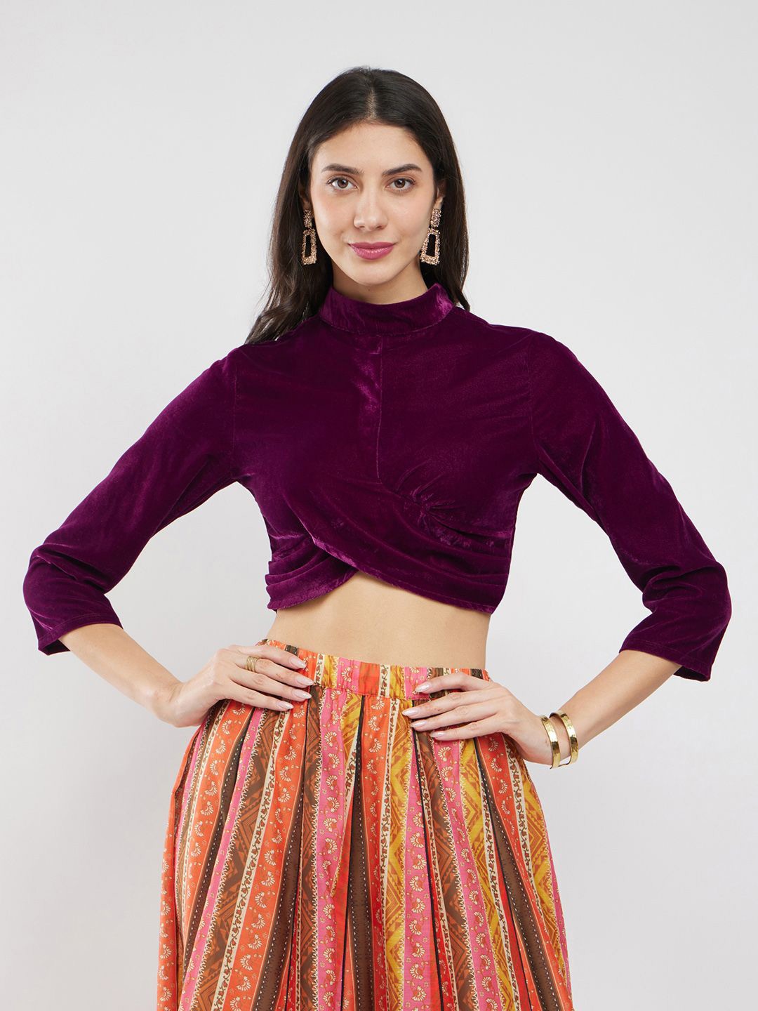 

Pink Fort Women Solid High Neck Velvet Crop Top, Burgundy