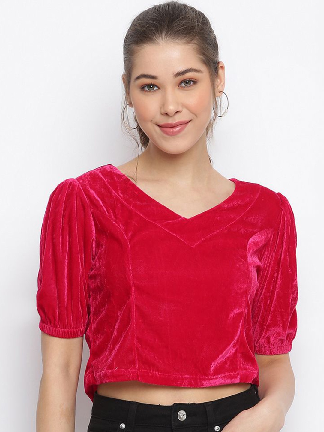 

DressBerry Women Puff Sleeves Crop Top, Magenta