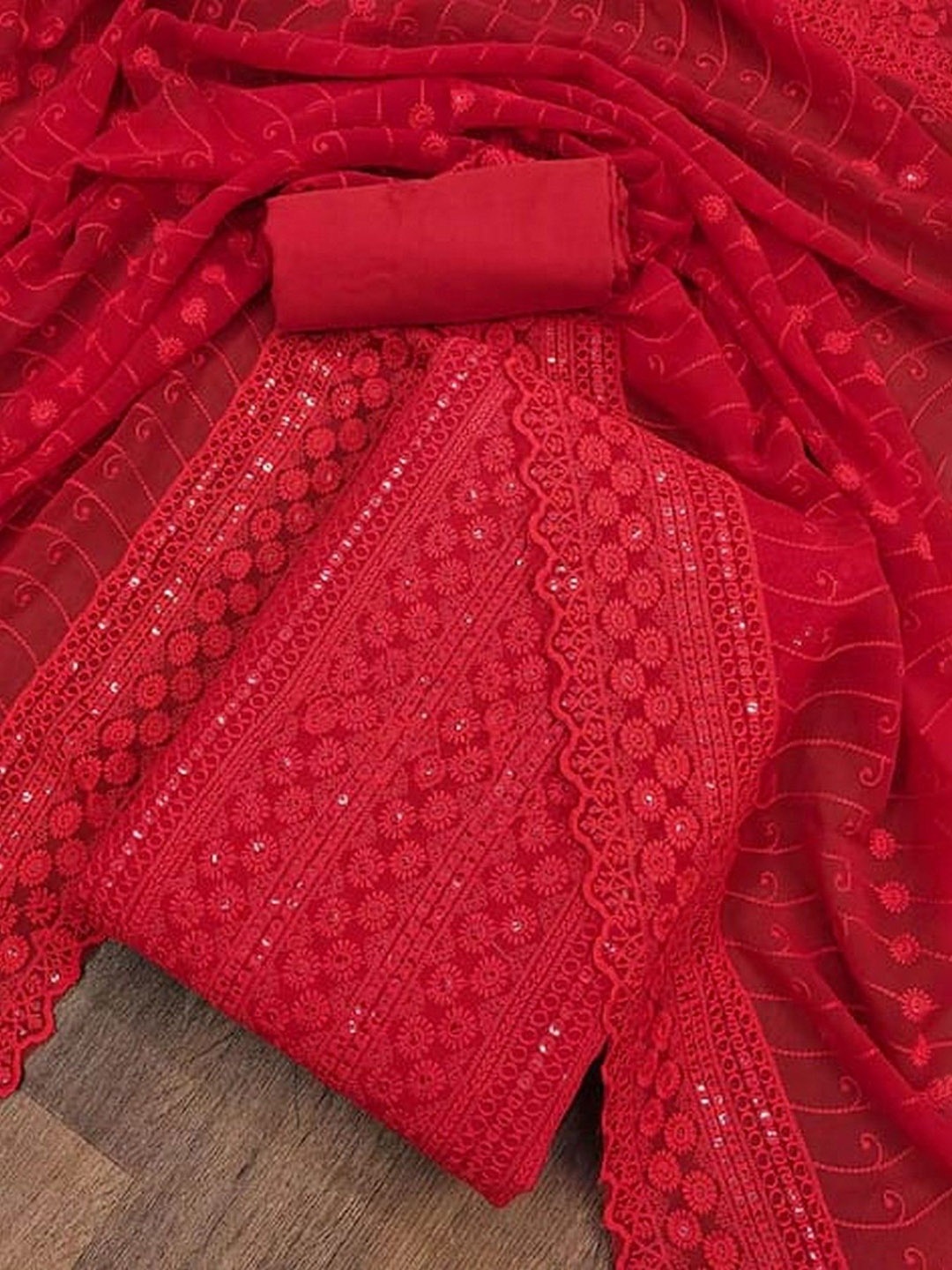 

ZEEPKART Silk Georgette Unstitched Dress Material, Red