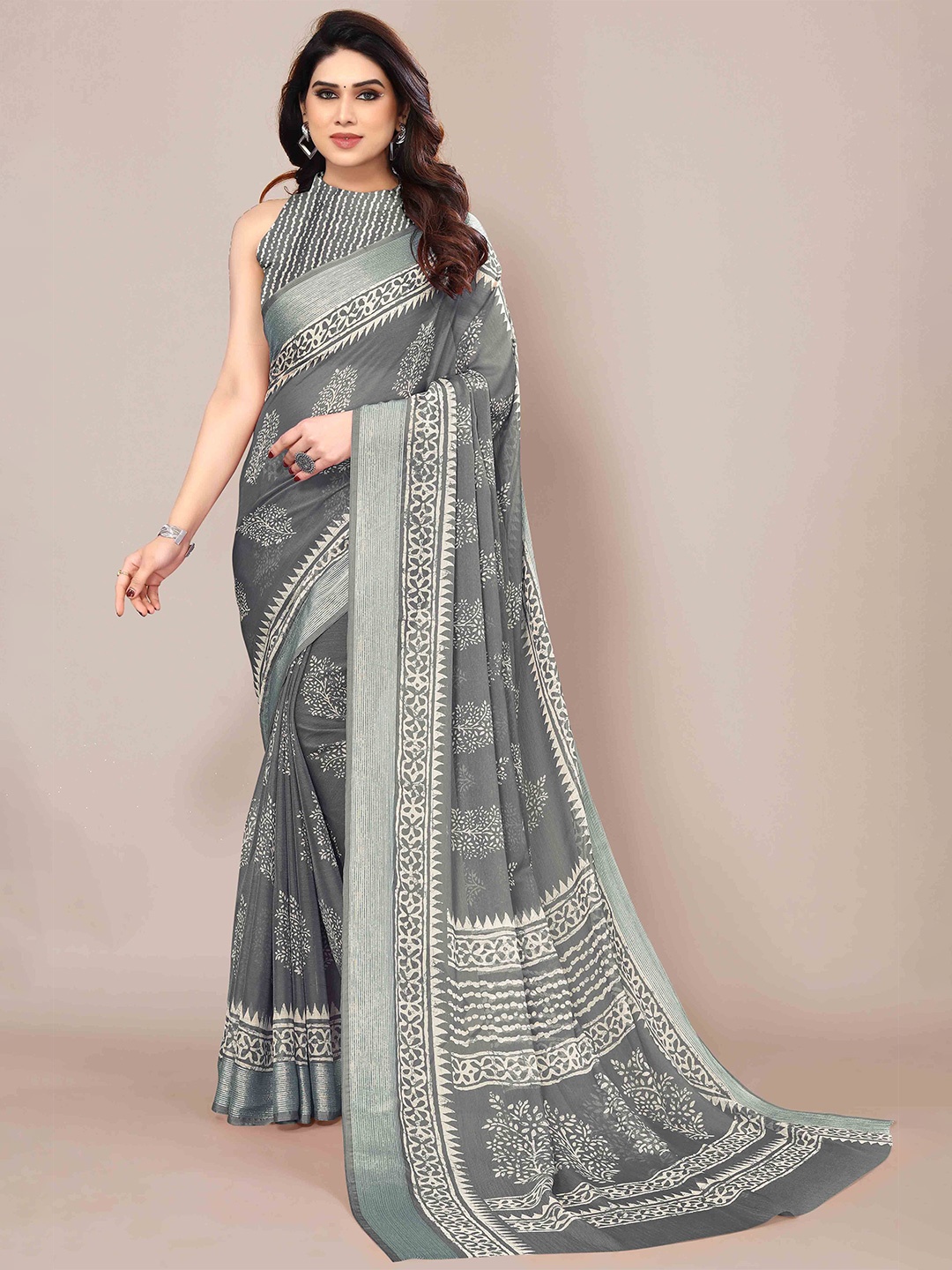 

KALINI Batik Poly Chiffon Block Print Saree, Grey