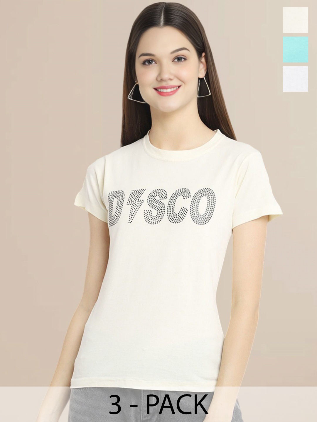 

Metronaut Women Pack Of 3 Typography Printed Round Neck Cotton T-shirts, White