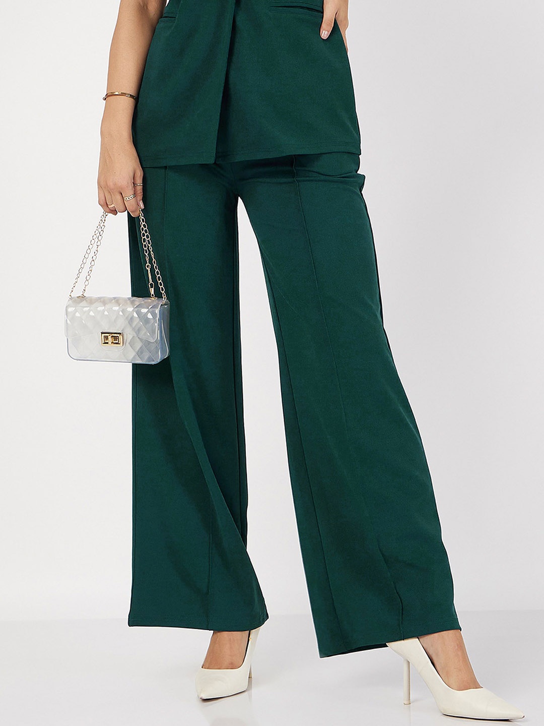 

SASSAFRAS Women High-Rise Palazzo Pants Trousers, Green