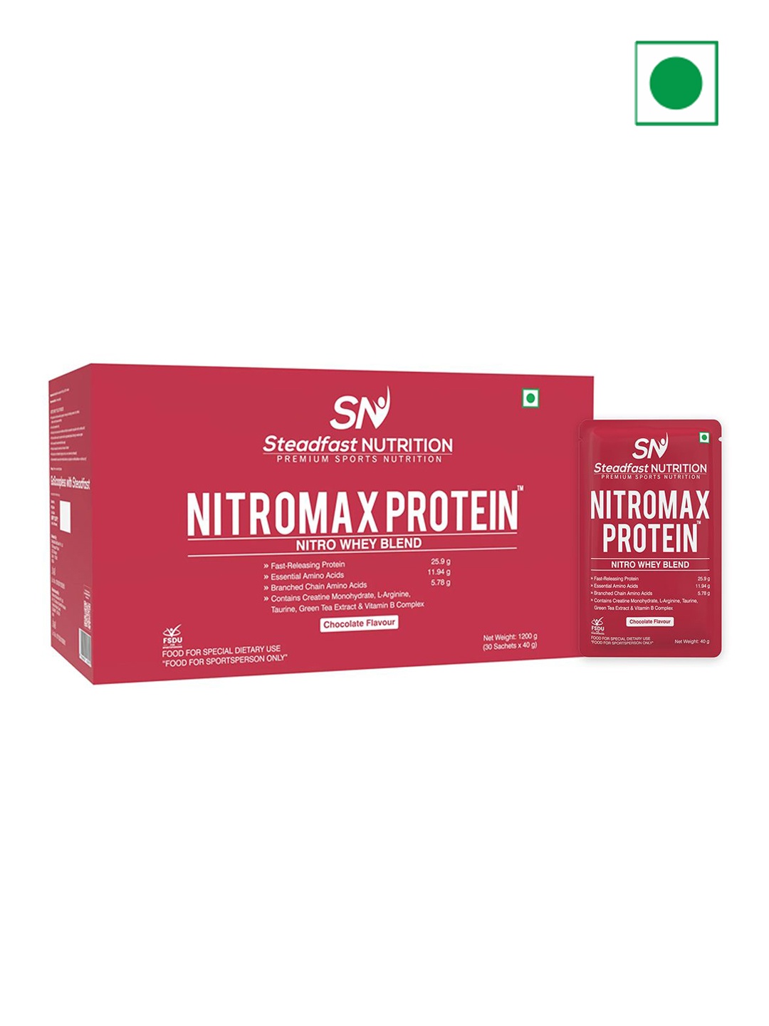 

Steadfast Nutrition Nitromax Protein Nitro Whey Blend Chocolate 30 Sachets 1200g, Red