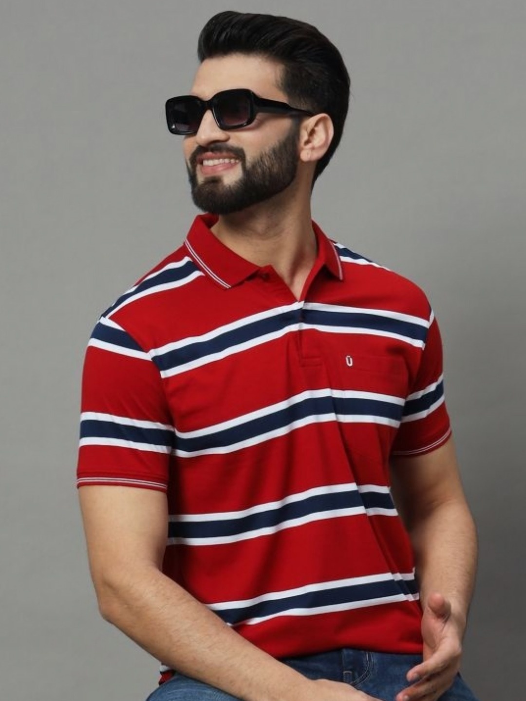 

UNIBERRY Men Striped Polo Collar T-shirt, Red