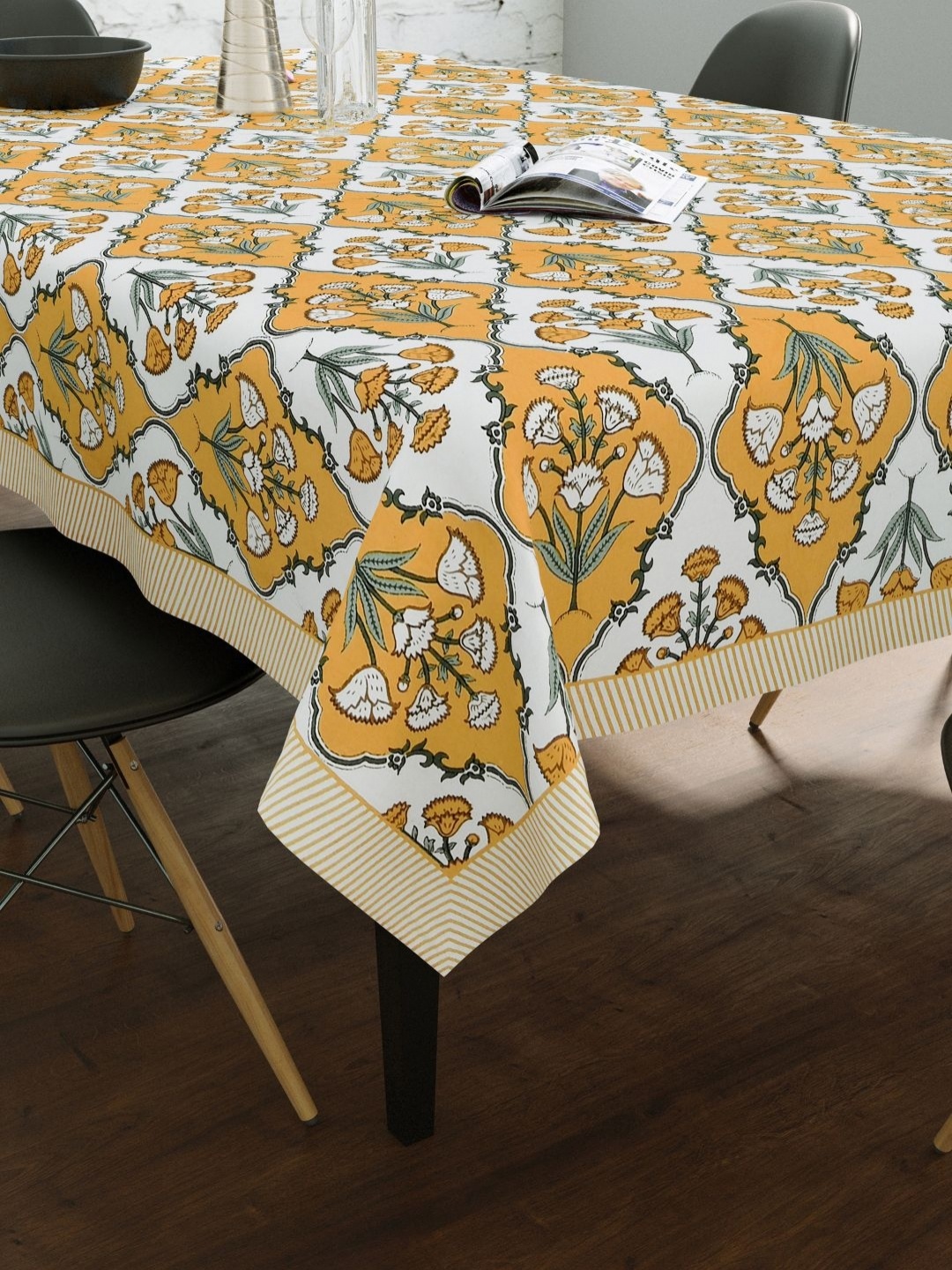 

BLOCKS OF INDIA Yellow & White Ethnic Motifs Printed Cotton 6-Seater Table Cover