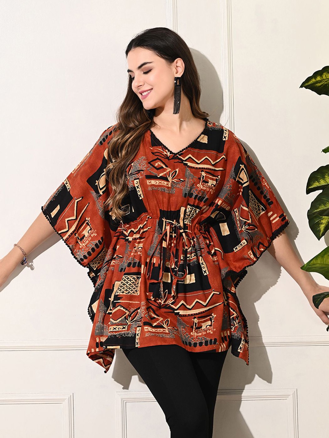 

DECKEDUP Kimono Sleeve Cotton Kaftan Top, Brown