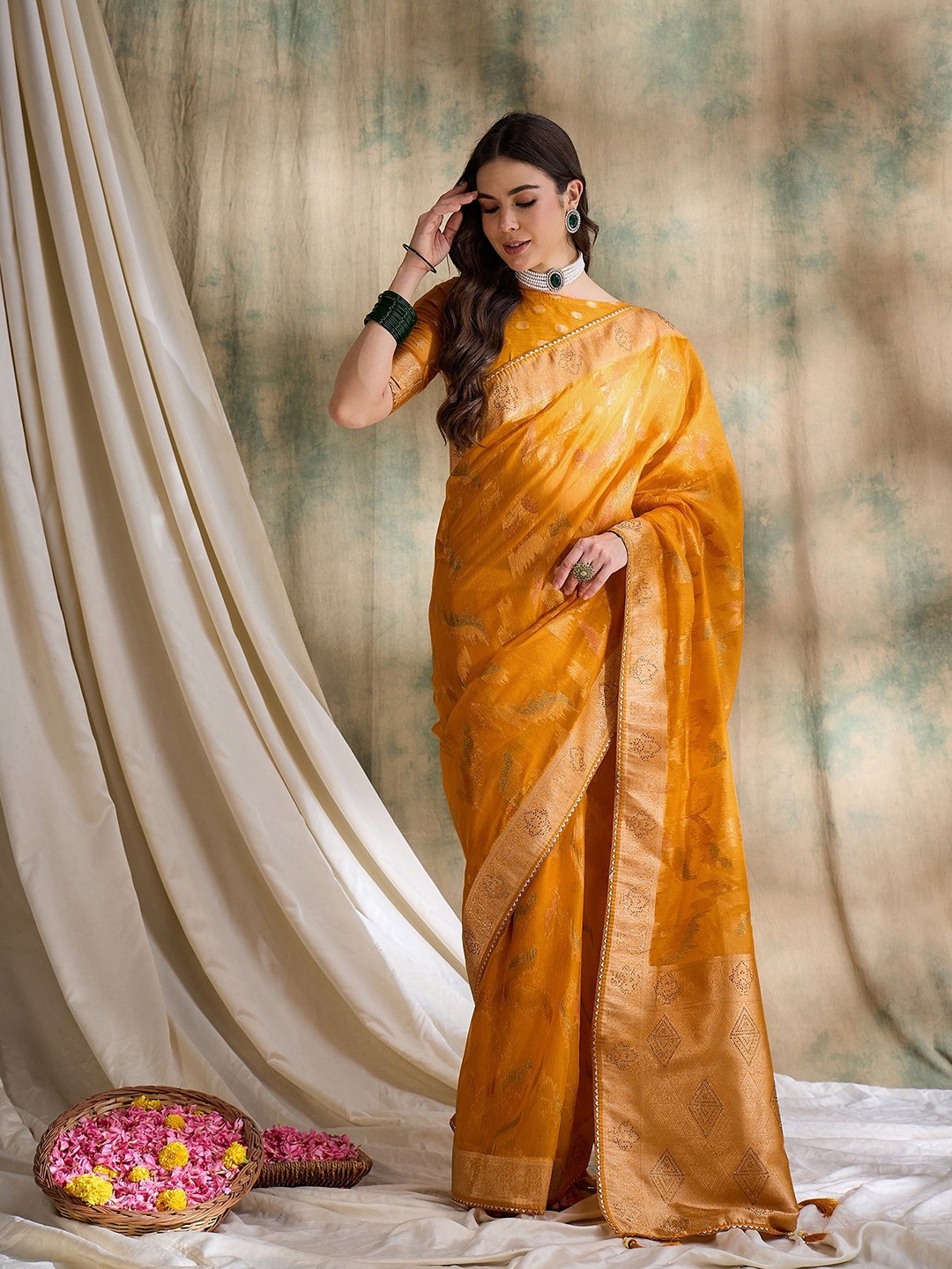 

Suha Woven Design Organza Designer Saree, Mustard