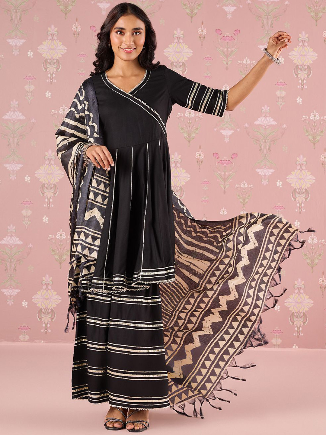 

Likha Women Angrakha Kurta with Sharara & With Dupatta, Black
