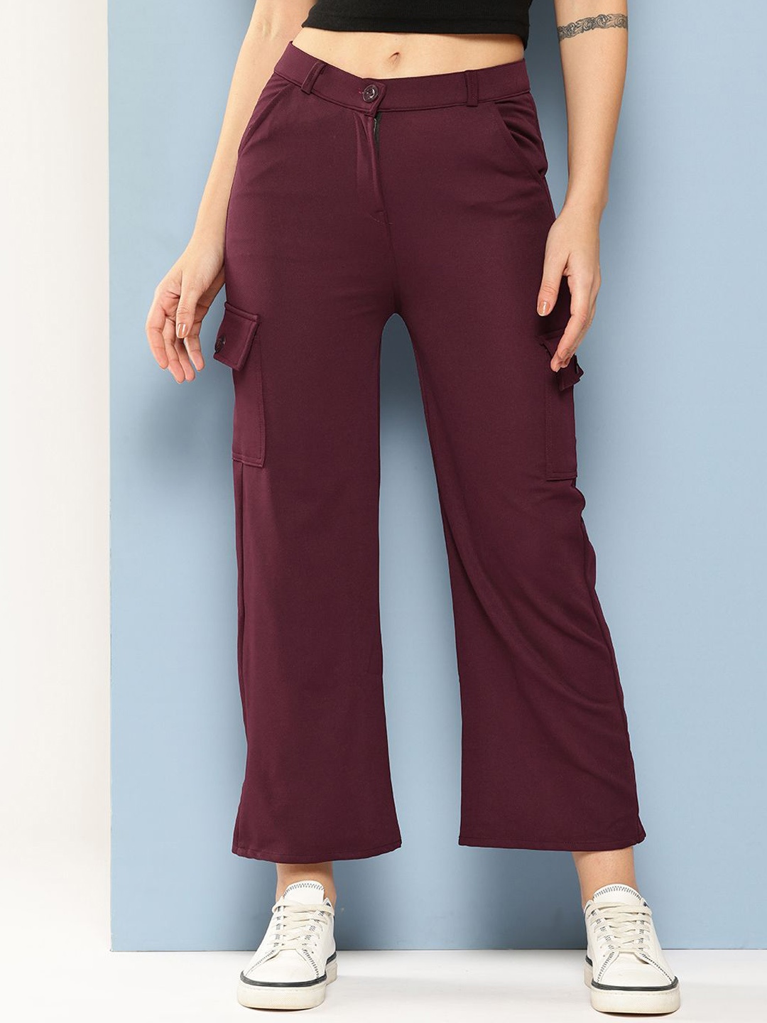 

The Roadster Lifestyle Co Women Straight-Fit Wide Leg Trousers, Burgundy