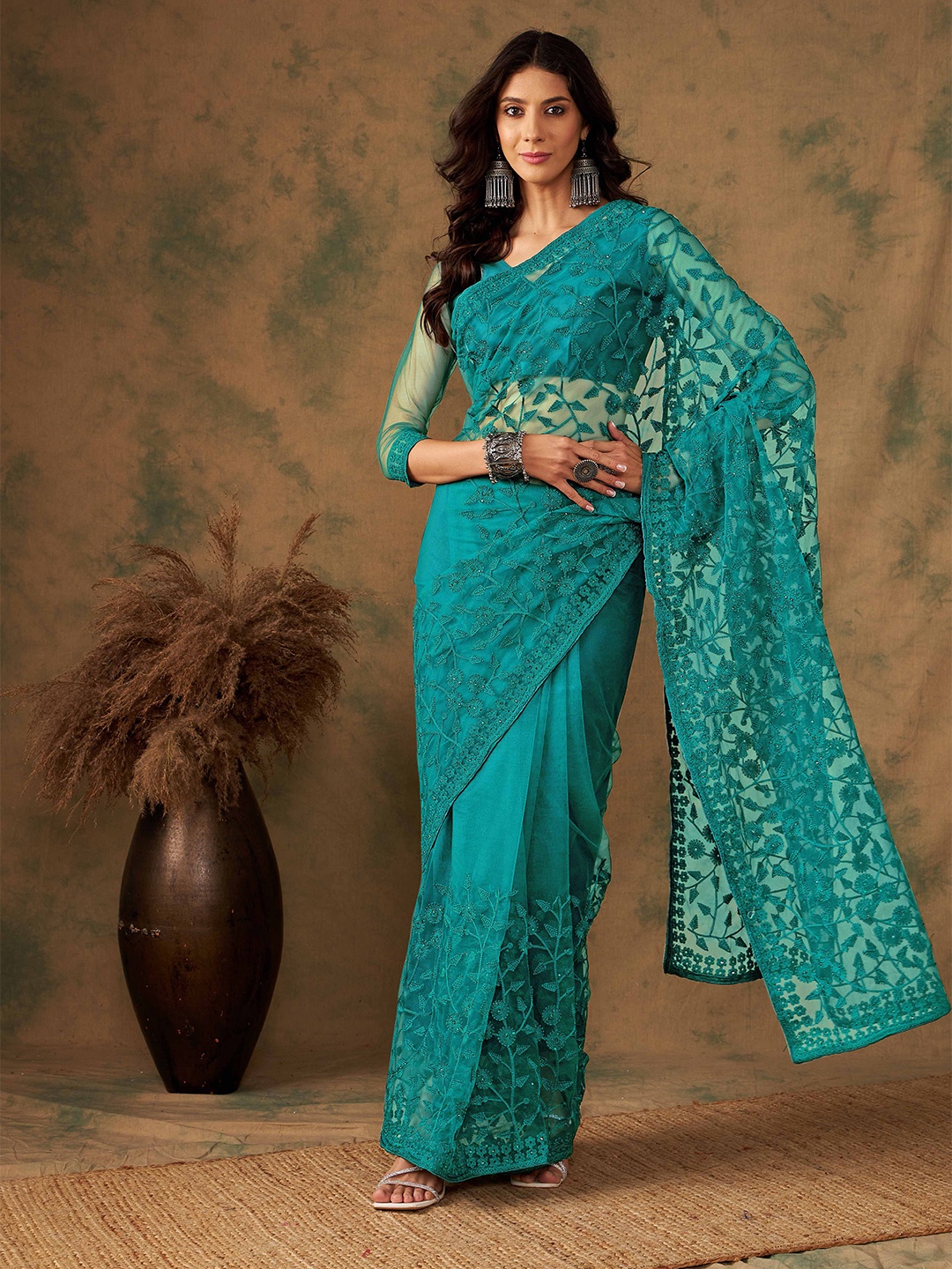 

Suha Embellished Supernet Ready to Wear Saree, Green