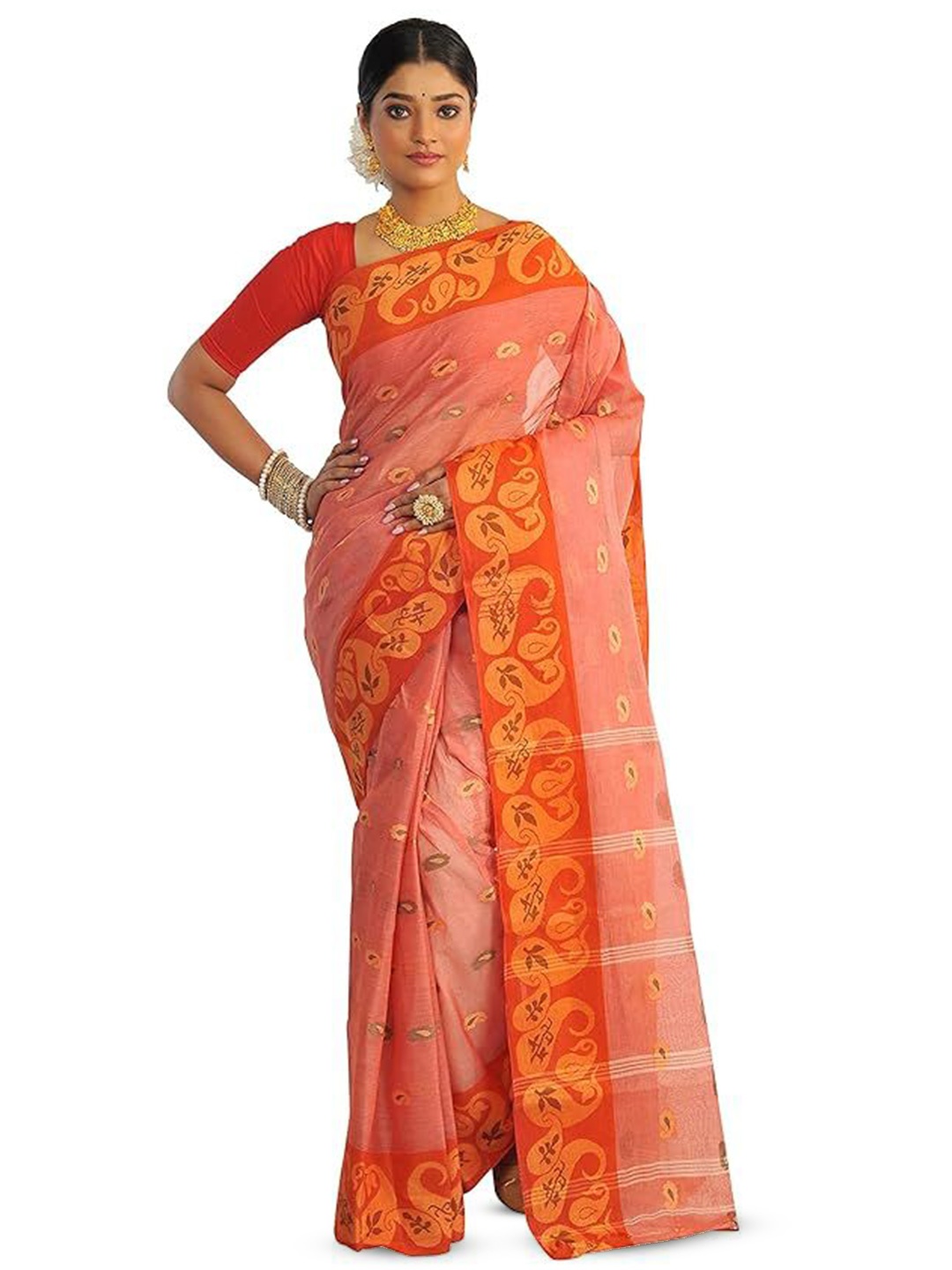 

RAJ SAREE HOUSE Woven Design Zari Pure Cotton Taant Saree, Orange