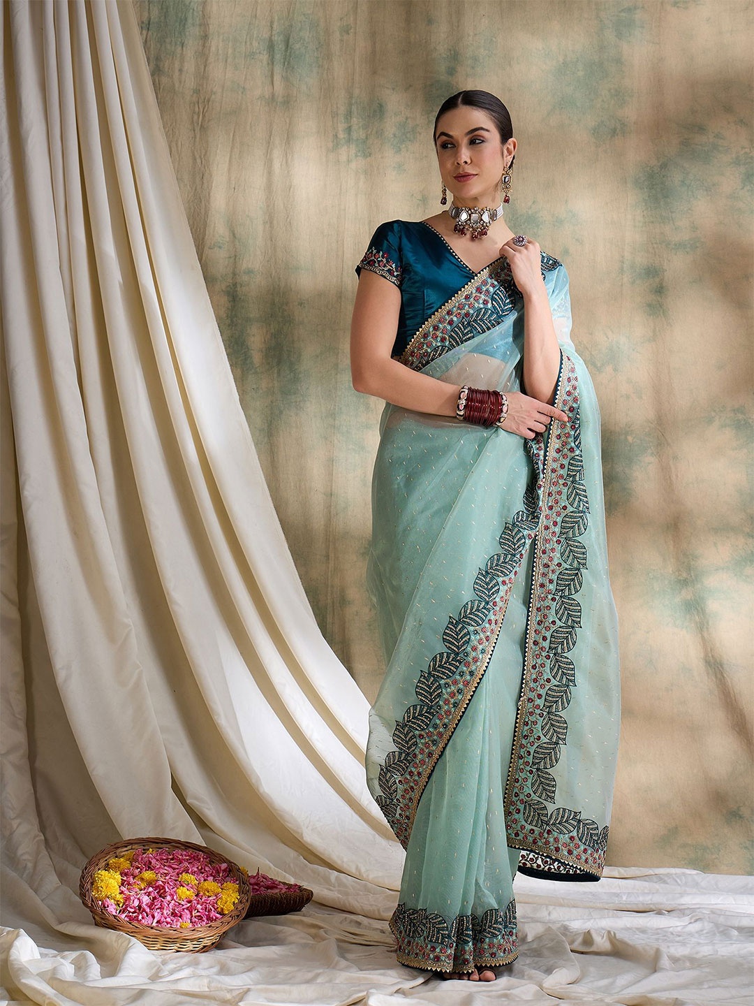 

Suha Embellished Sequinned Organza Ready to Wear Saree, Teal