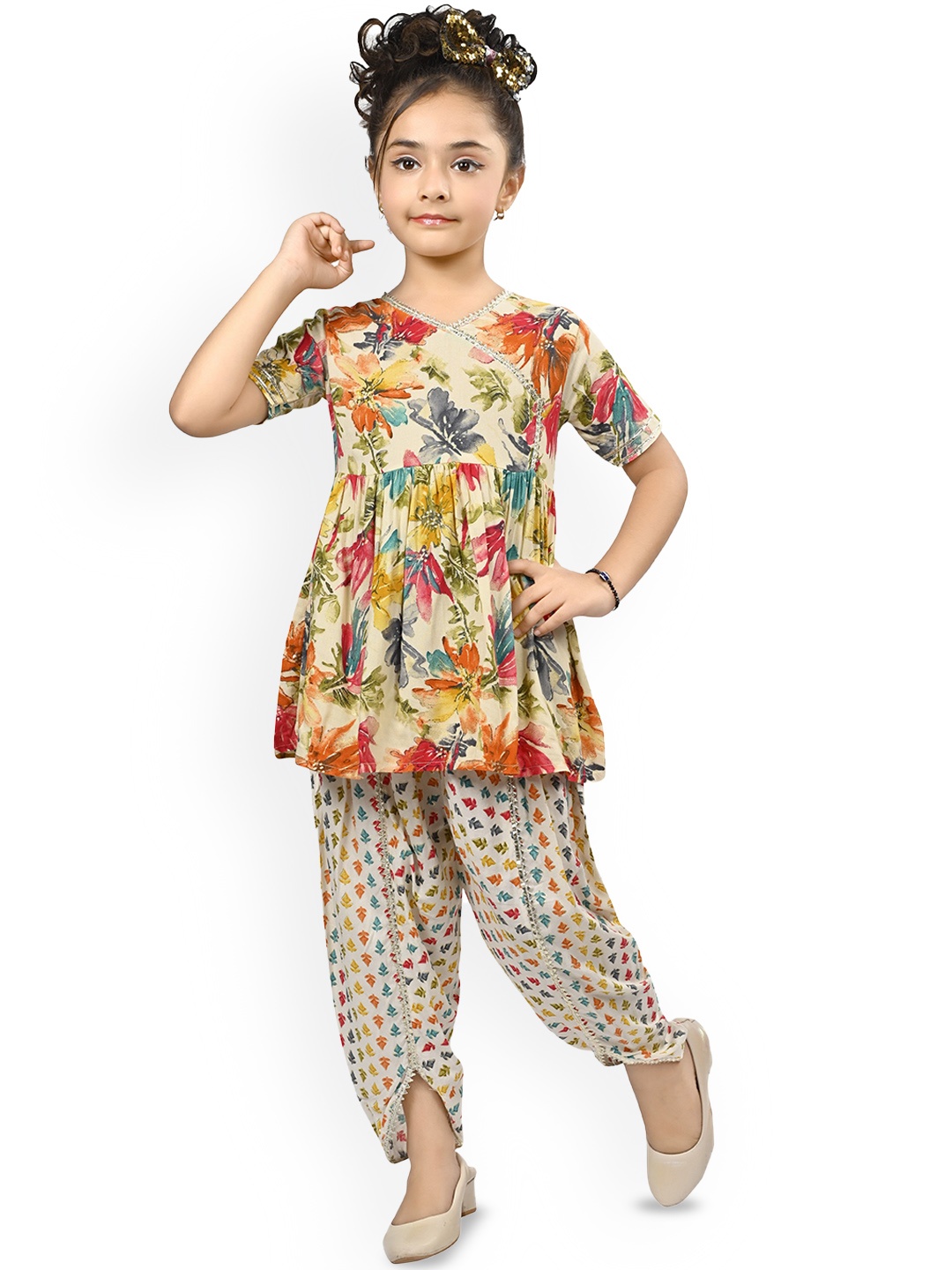 

Arshia Fashions Girls Floral Printed Empire Kurti with Dhoti Pants, Beige
