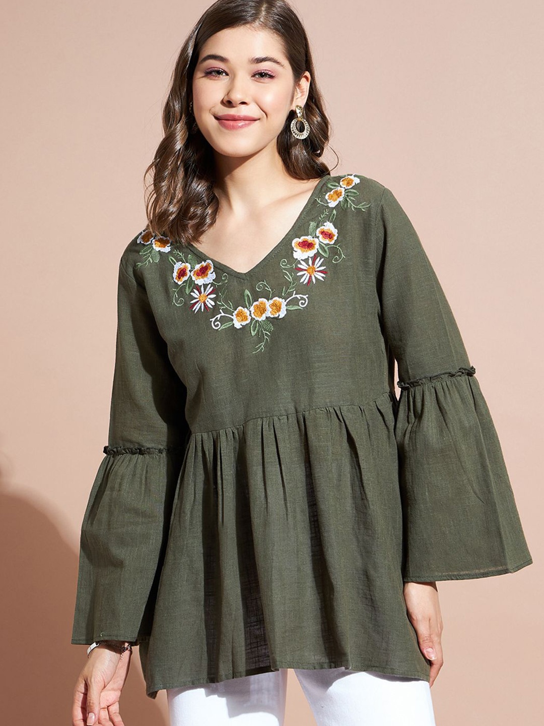 

DressBerry Women Floral Embroidered Empire Top, Olive