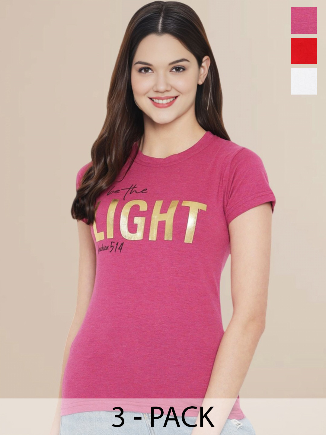 

Metronaut Women Pack Of 3 Typography Printed Round Neck Cotton T-shirts, Red