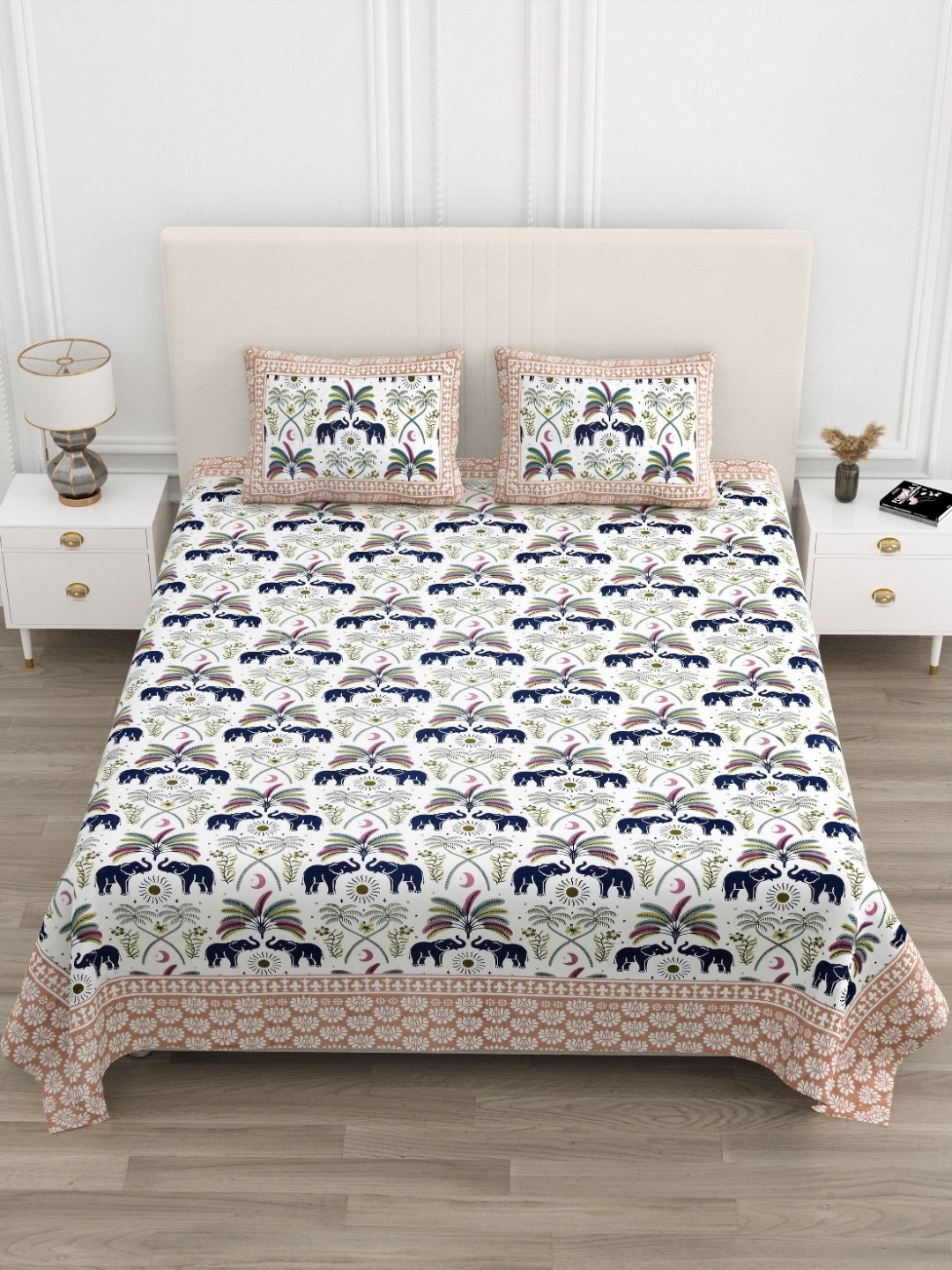 

Jinaya's White & Blue Ethnic Motifs 210 TC Pure Cotton King Bedsheet Set 2.28 m x 2.74 m