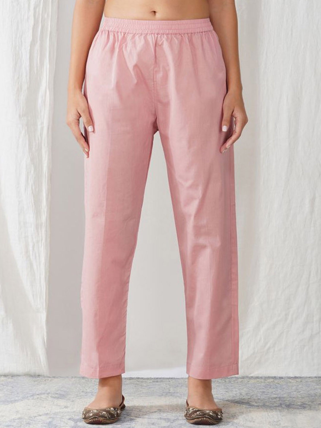 

zuri Women Mid-Rise Relaxed Straight Leg Slip-On Trousers, Pink