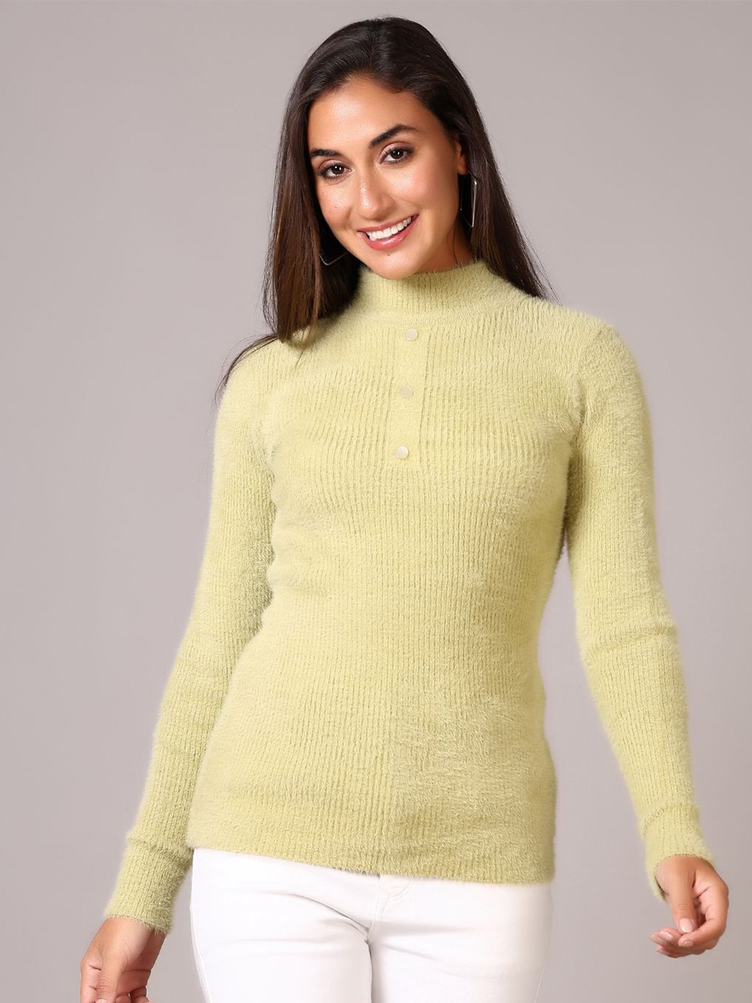 

V-Mart Women Ribbed Turtle Neck Pullover, Lime green