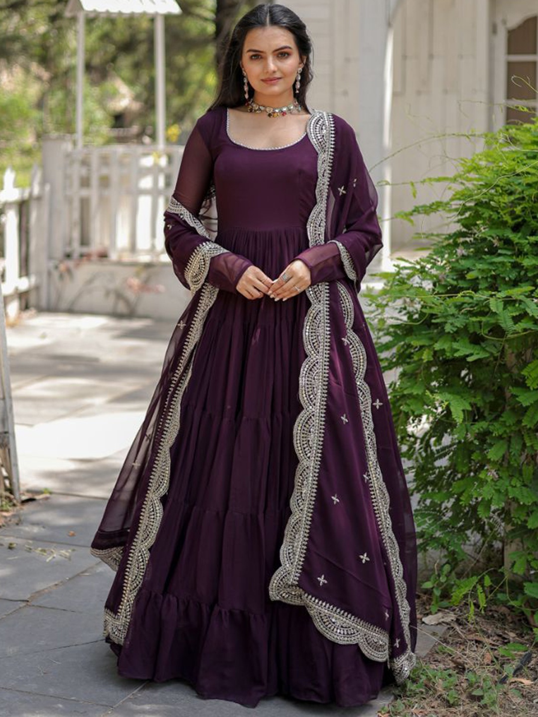 

JATRIQQ Women Solid Embroidered Ethnic Dress With Dupatta, Purple