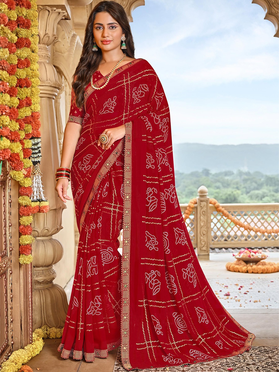 

Laxmipati Bandhani Sequinned Poly Chiffon Designer Saree, Red