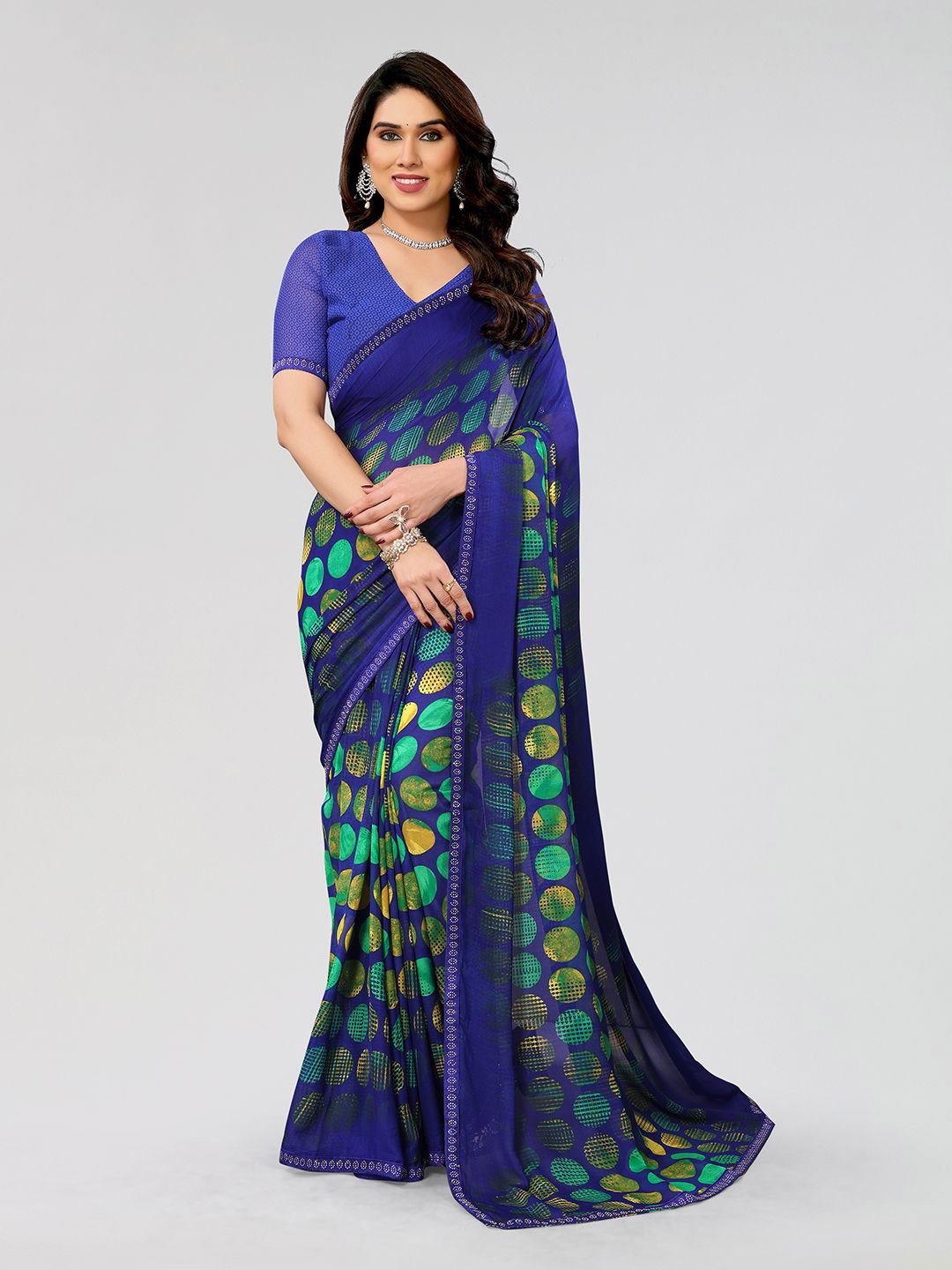 

ANAND SAREES Polka Dot Mukaish Pure Georgette Saree, Blue