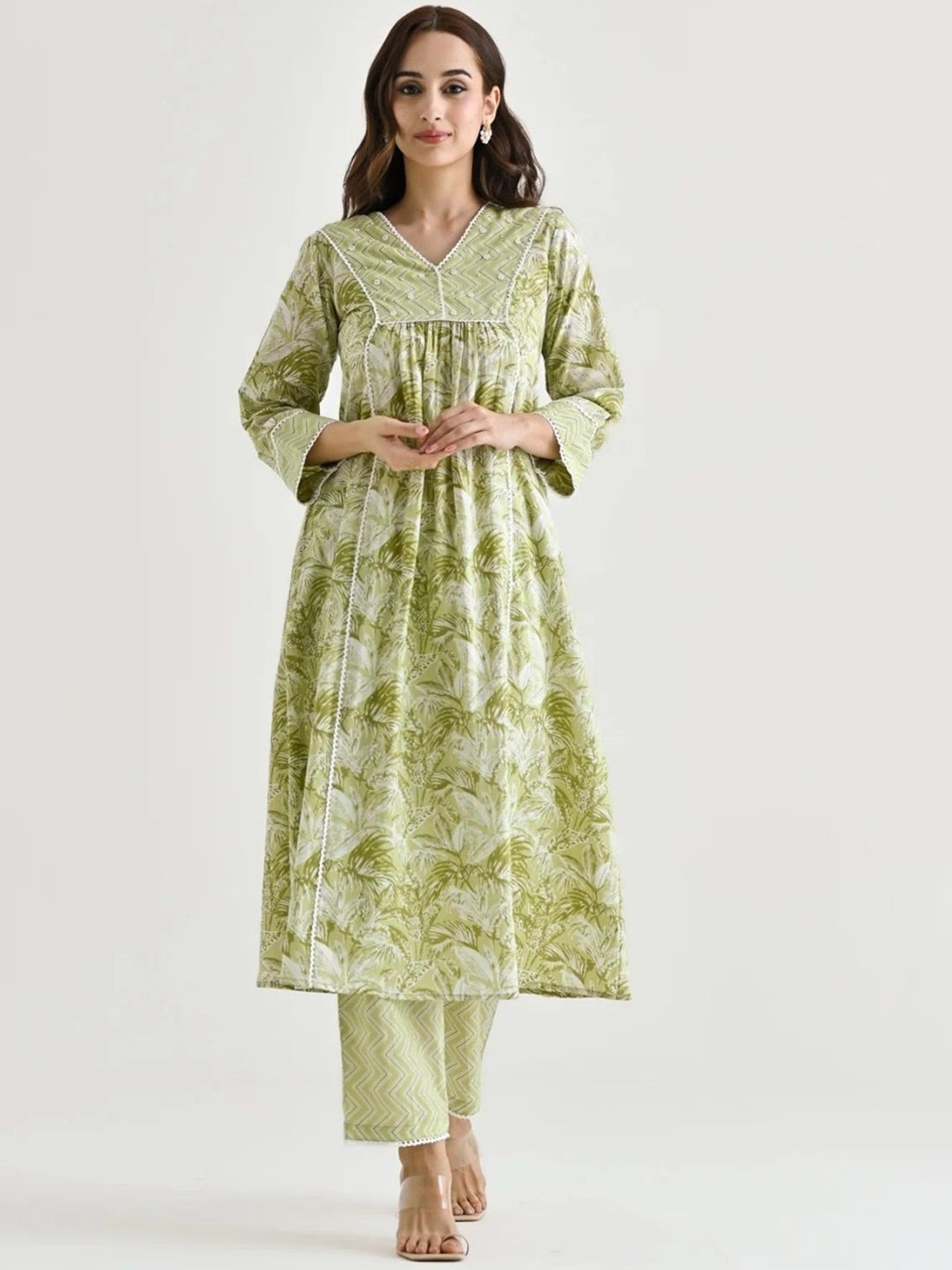 

KALINI Women Floral Printed Regular Beads and Stones Kurta with Trousers, Lime green
