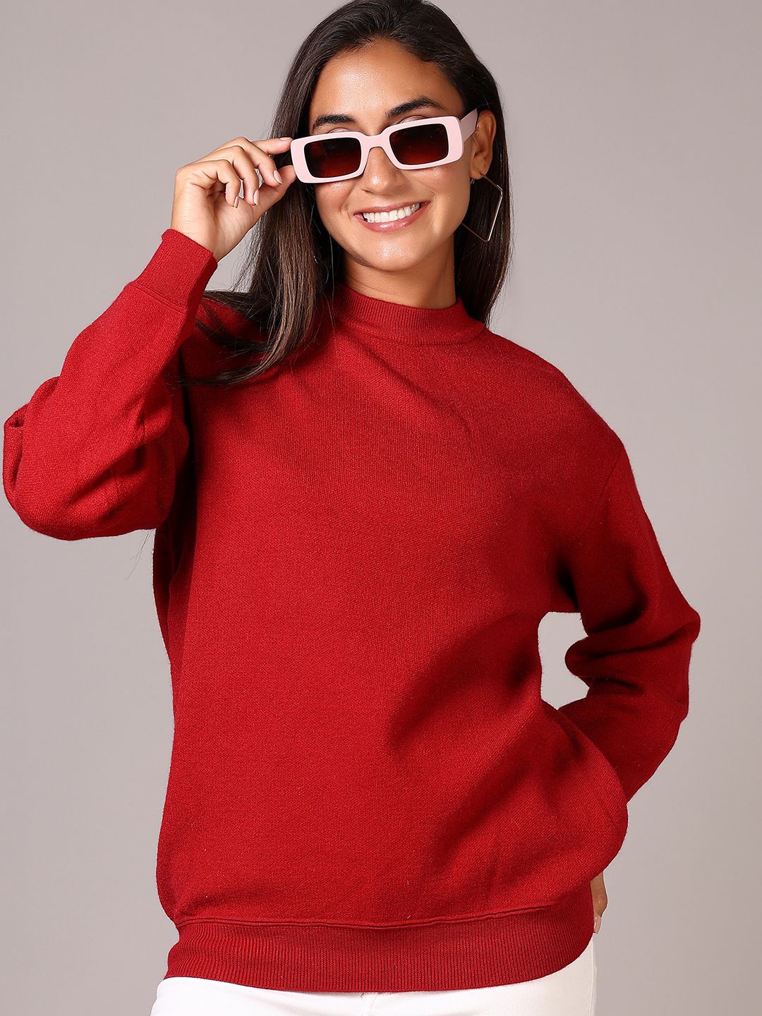 

V-Mart Women Mock Collar Cotton Pullover, Maroon