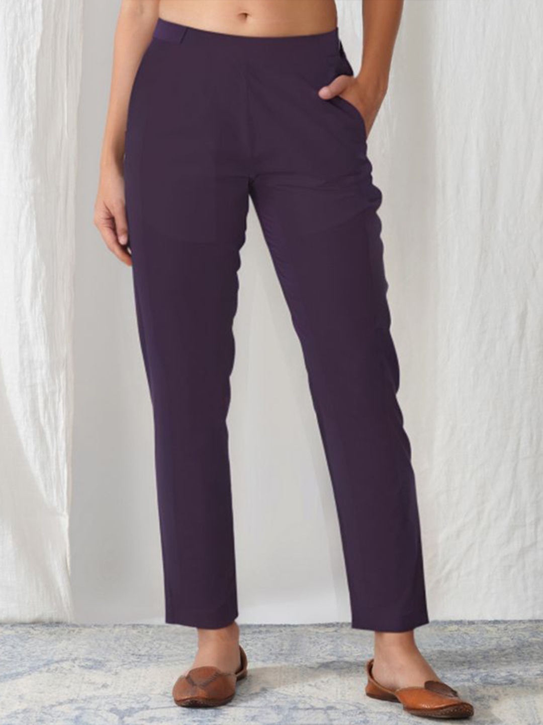

zuri Women Cotton Mid Rise Relaxed Straight Leg Regular Trouser, Purple