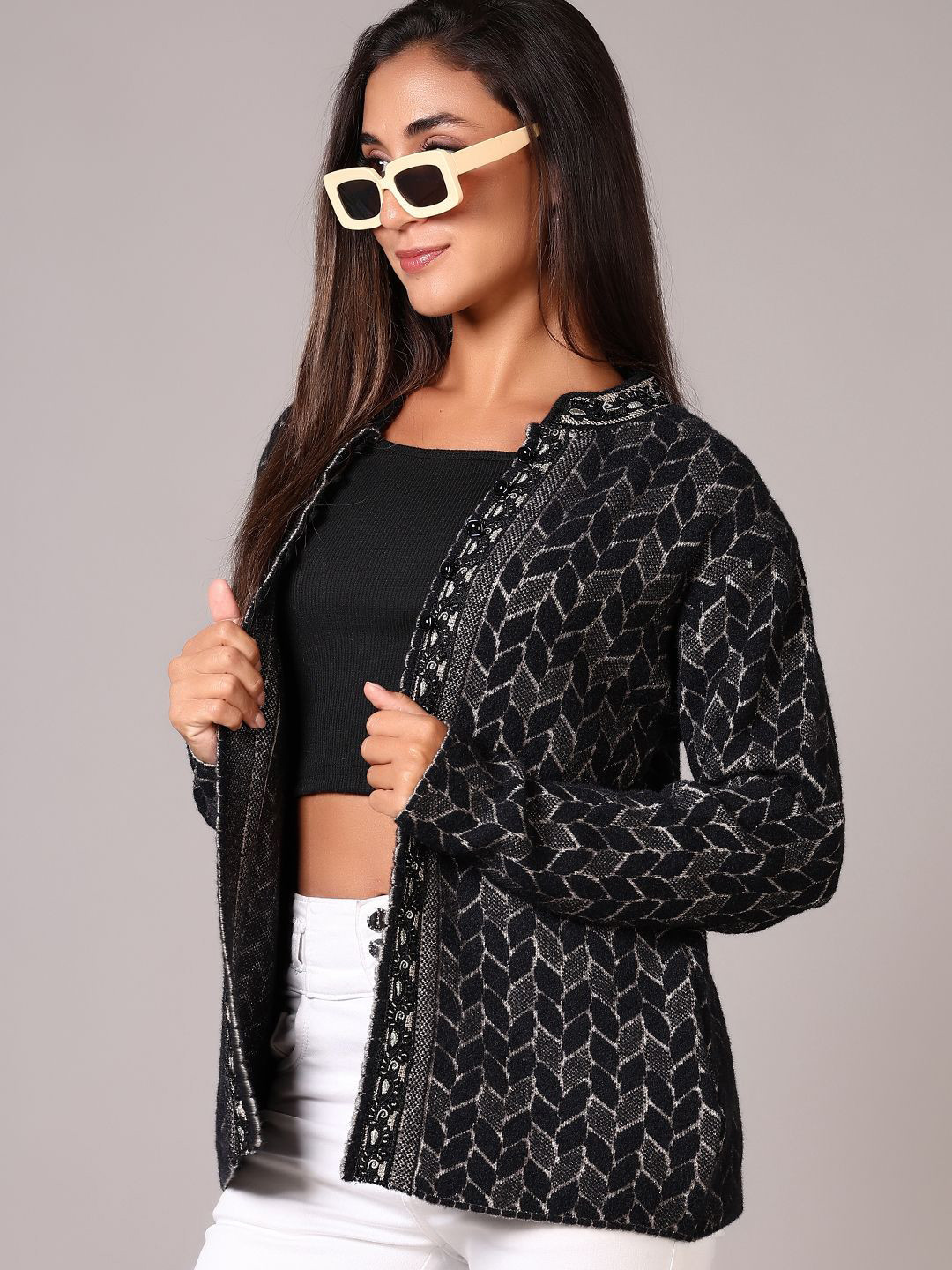 

V-Mart Women Self Design Cotton Cardigan, Black