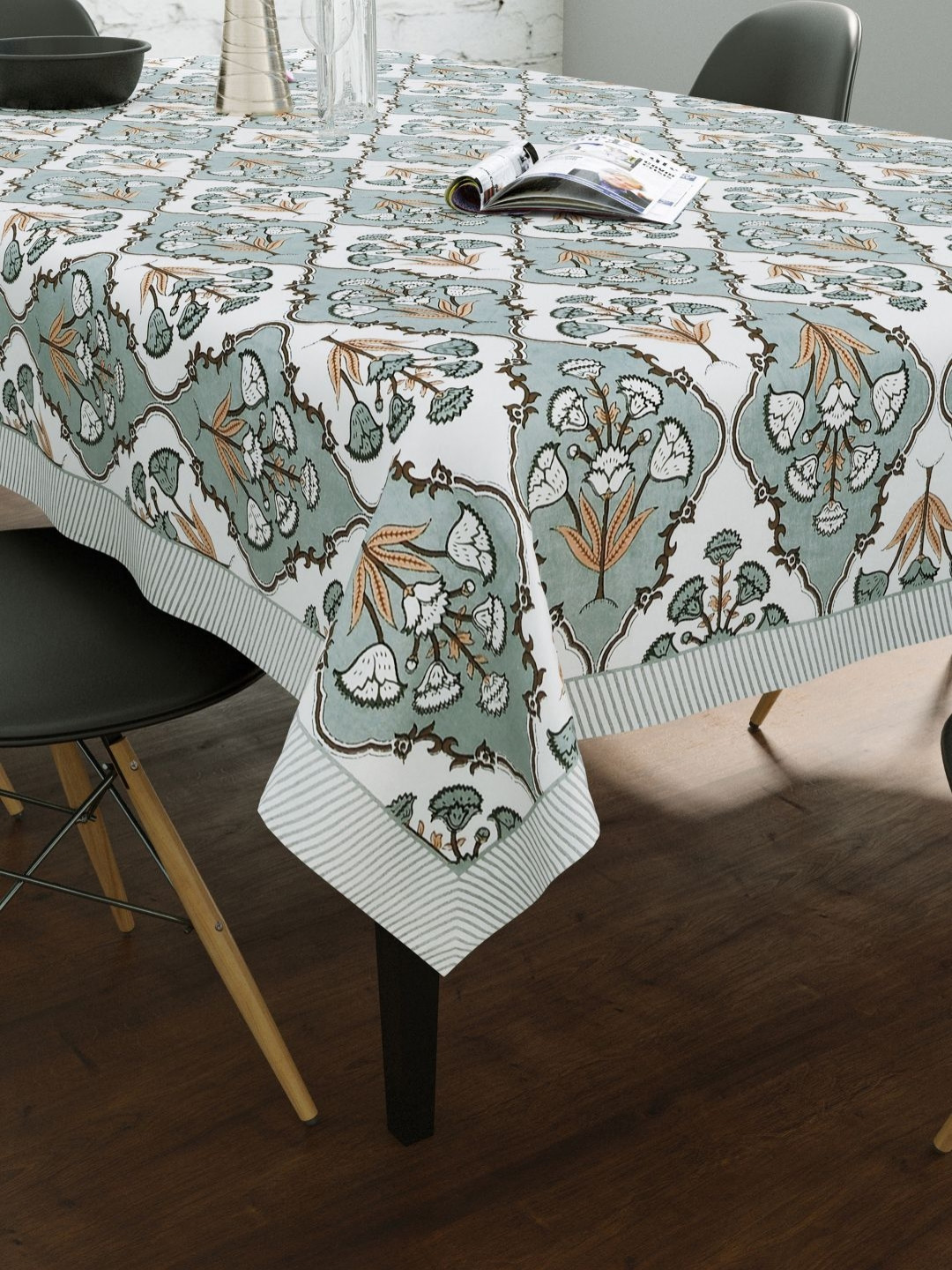 

BLOCKS OF INDIA Grey & White Ethnic Motifs Printed Cotton 6-Seater Table Cover