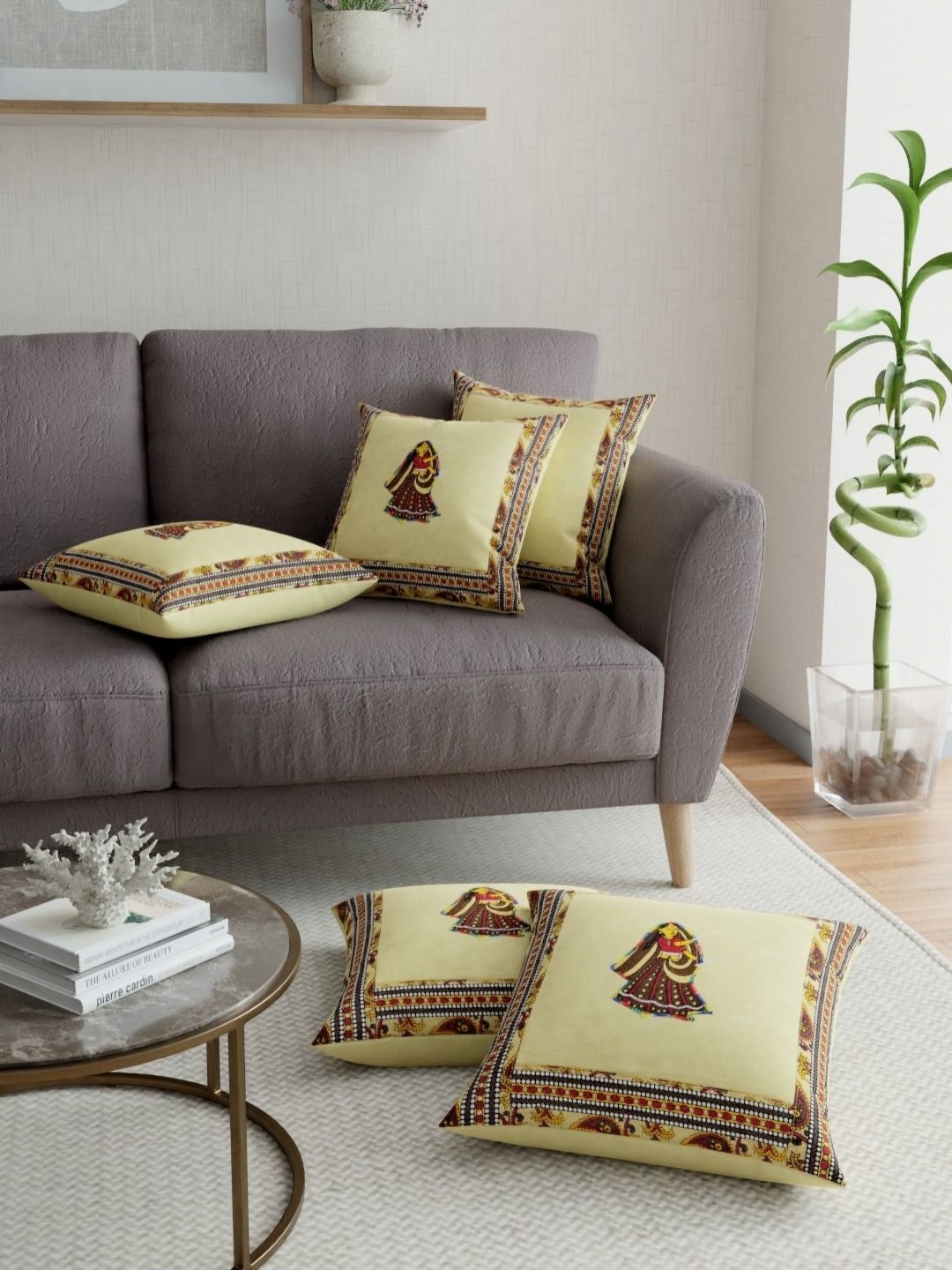 

JAIPUR FABRIC Cream-Coloured & Brown Embroidered Square Cushion Covers