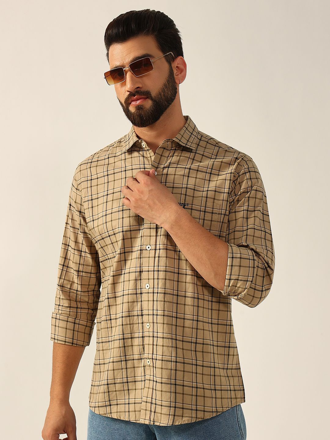 

ENSPYR Men Tartan Checks Opaque Checked Casual Shirt, Beige