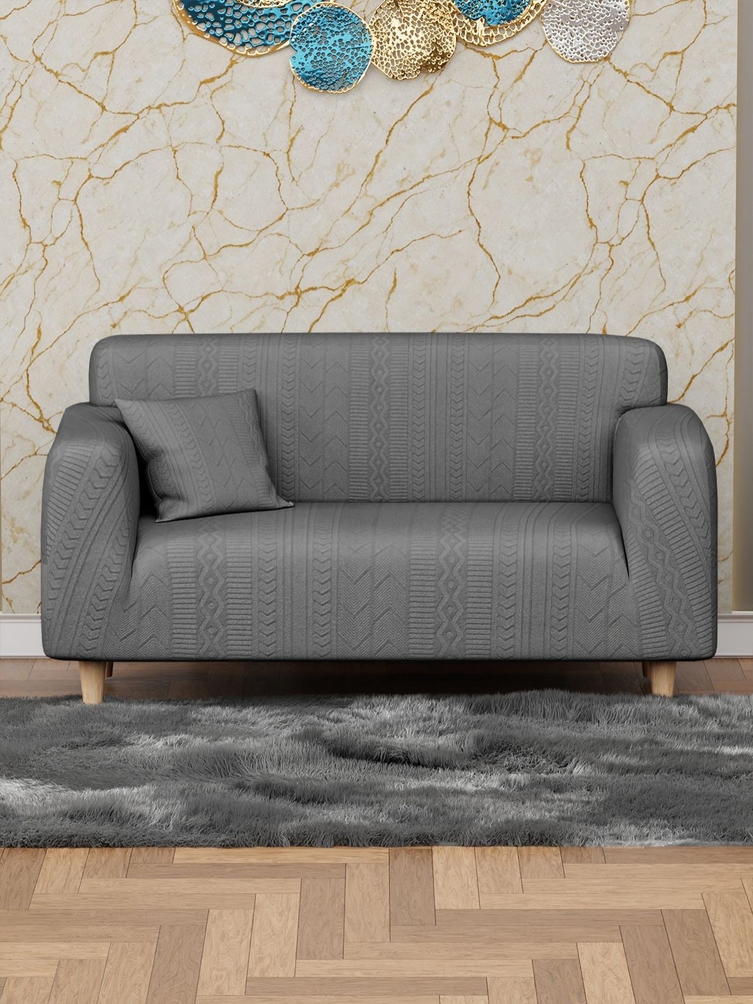 

Myntra Elegant Homes Grey Zigzag Pattern Two Seater Sofa Cover With Cushion Cover