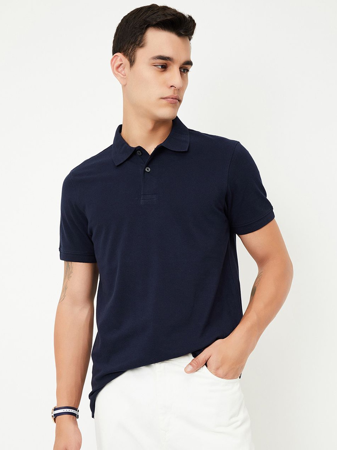 

max Men Polo Collar Pockets T-shirt, Navy blue