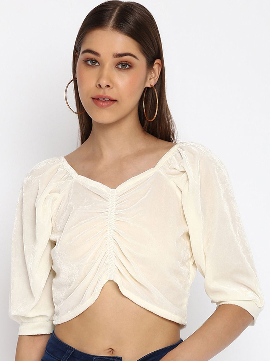 

DressBerry Women Velvet Puff Sleeve Crop Top, White