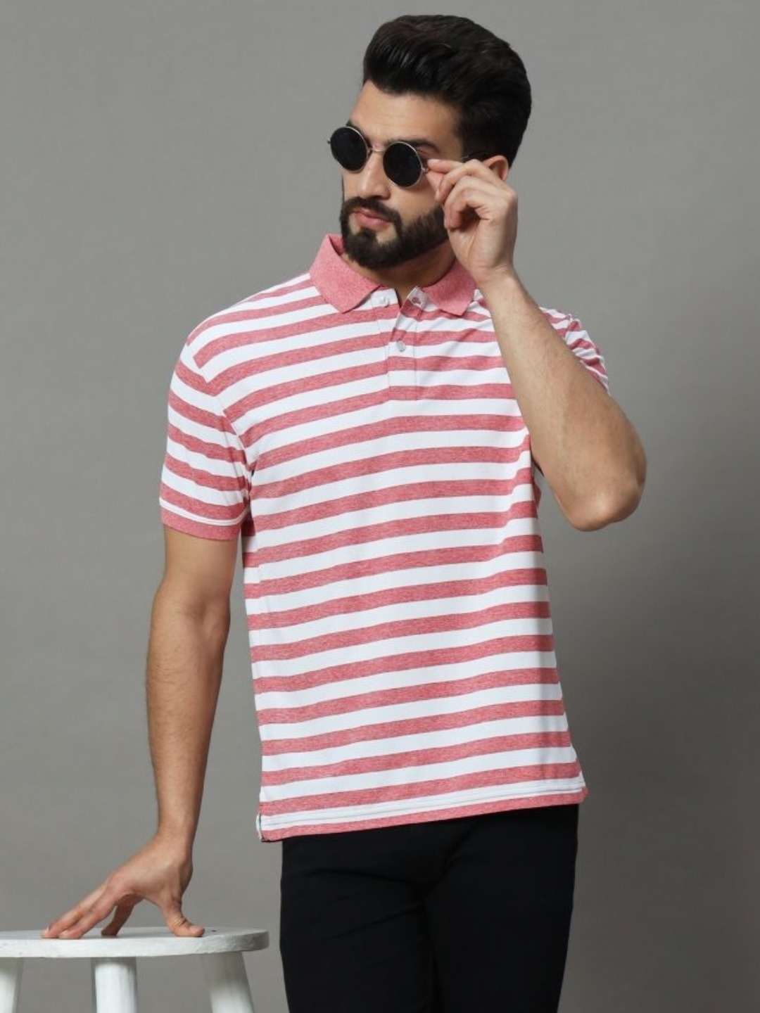 

UNIBERRY Men Striped Polo Collar T-shirt, Pink