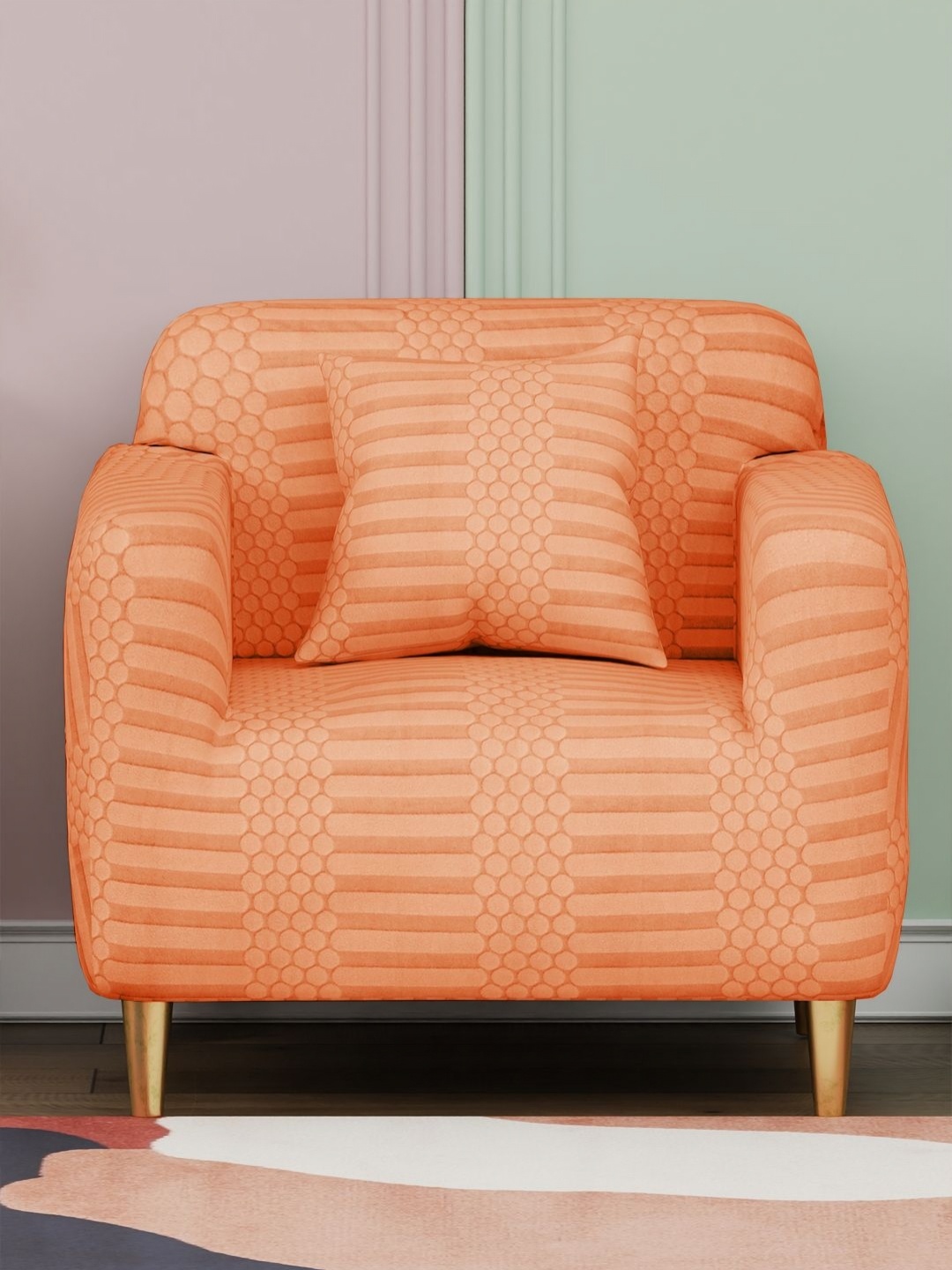 

Myntra Elegant Homes Orange-Coloured Dotted Stripe Jacquard Sofa Cover With Cushion Cover