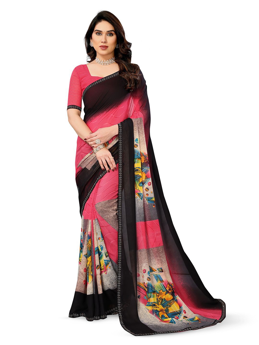 

ANAND SAREES Floral Mukaish Pure Georgette Saree, Pink