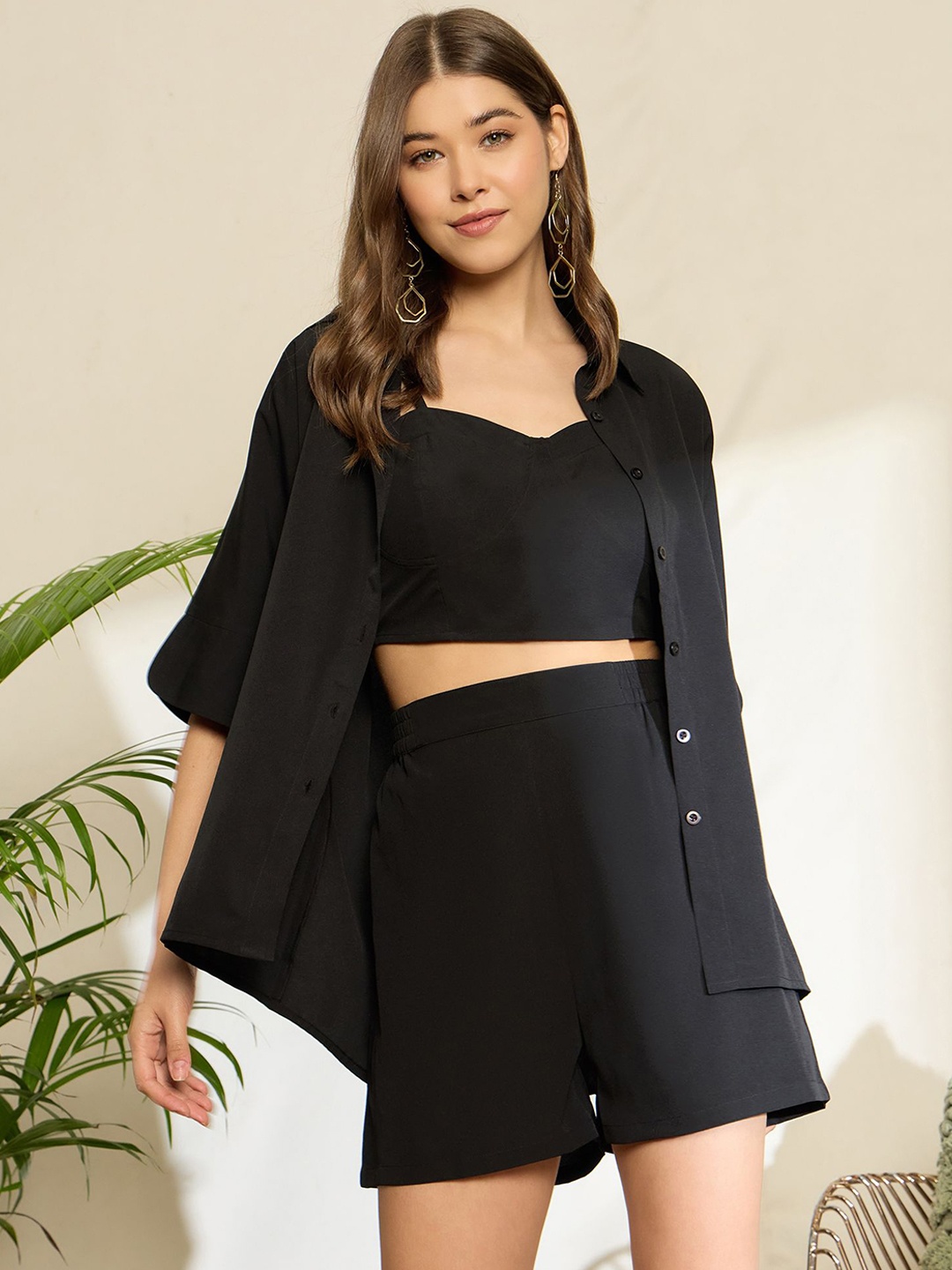 

Berrylush Shoulder Straps Top and Shirt With shorts, Black