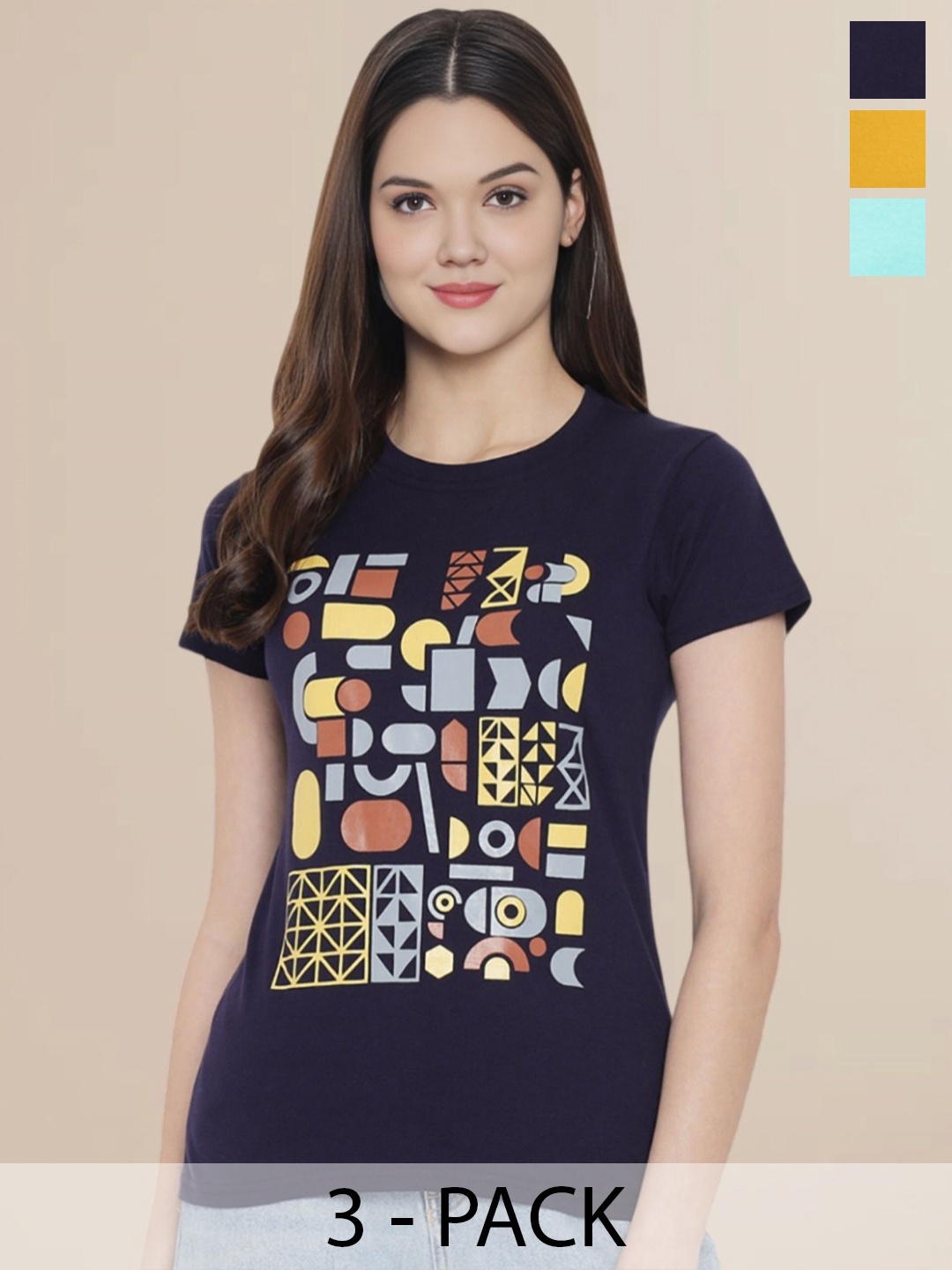 

Metronaut Women Pack Of 3 Typography Printed Round Neck Cotton T-shirts, Mustard