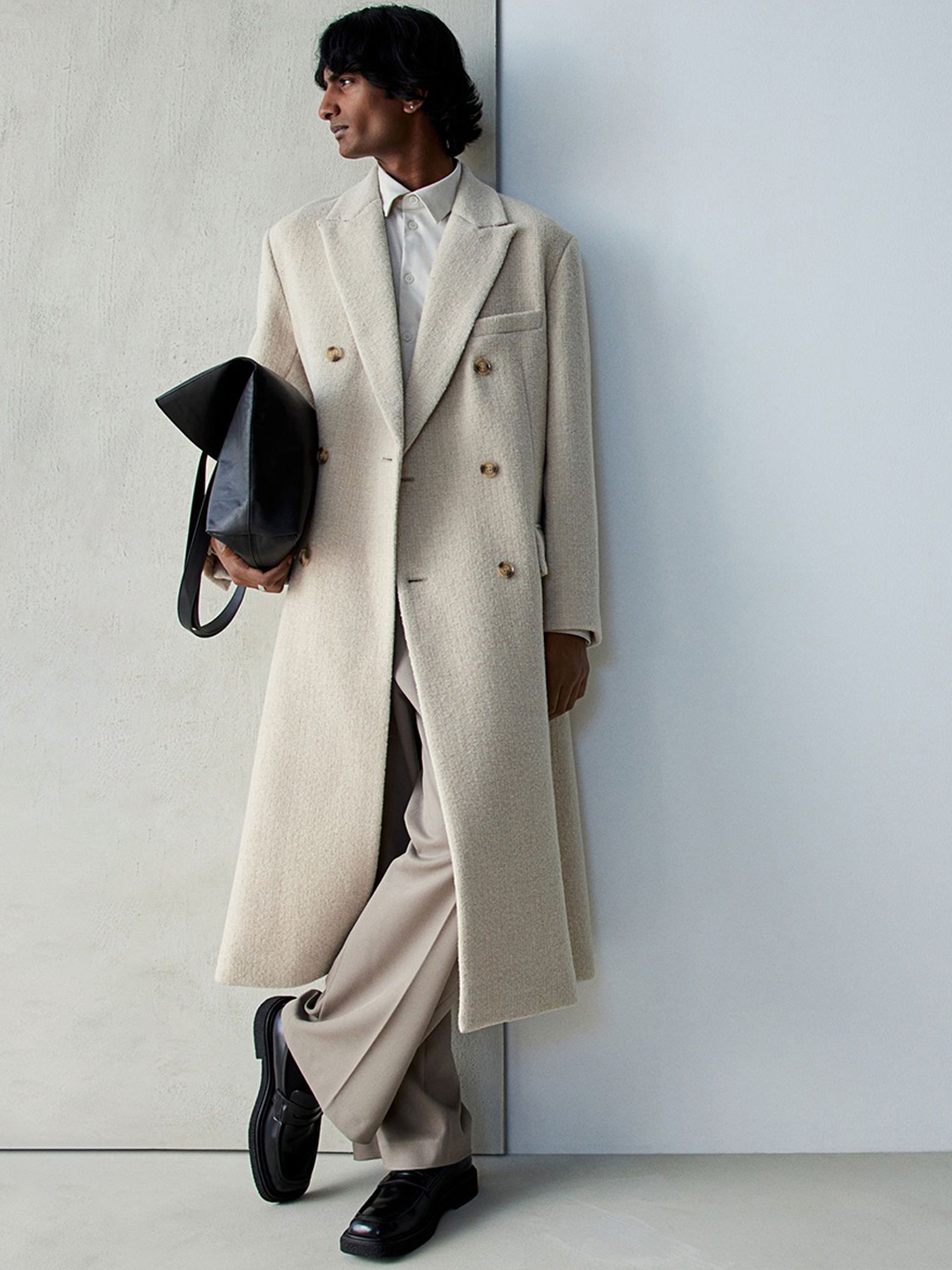 

H&M Double-Breasted Wool-Blend Coat, Beige