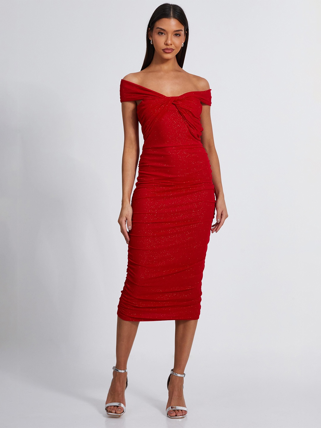 

QUIZ Off-Shoulder Bodycon Midi Dress, Red