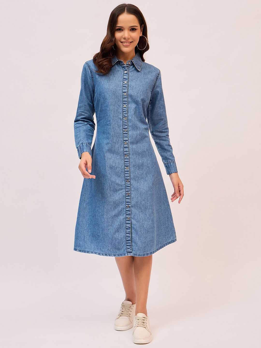 

Ruhaans Women Denim A-Line Midi Dress, Blue