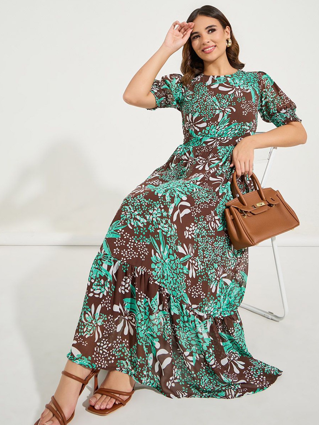 

Styli Floral Print Puff Sleeve A-Line Maxi Dress, Brown