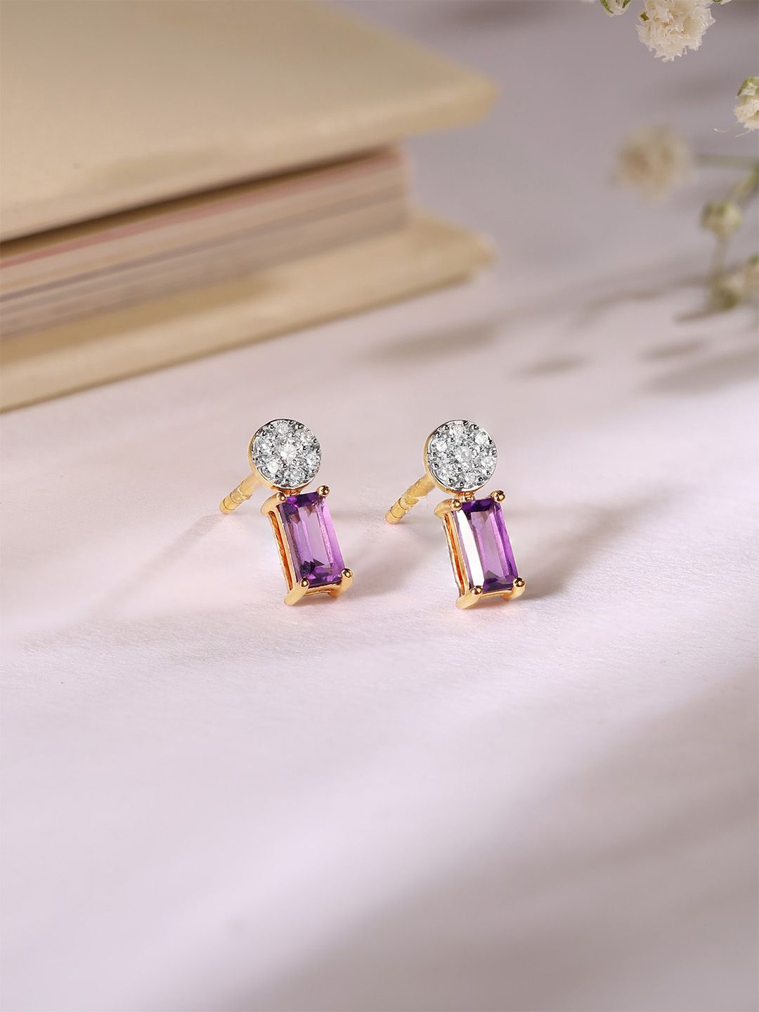 

Mia by Tanishq Women Amethyst Glam 14Kt Gold & Diamond Stud Earrings 1.266 gm, Rose
