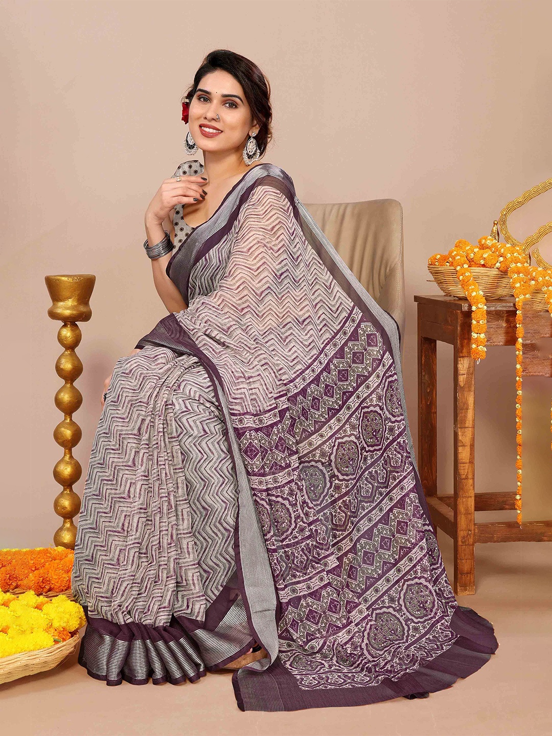 

KALINI Leheriya Poly Chiffon Leheriya Saree, Purple