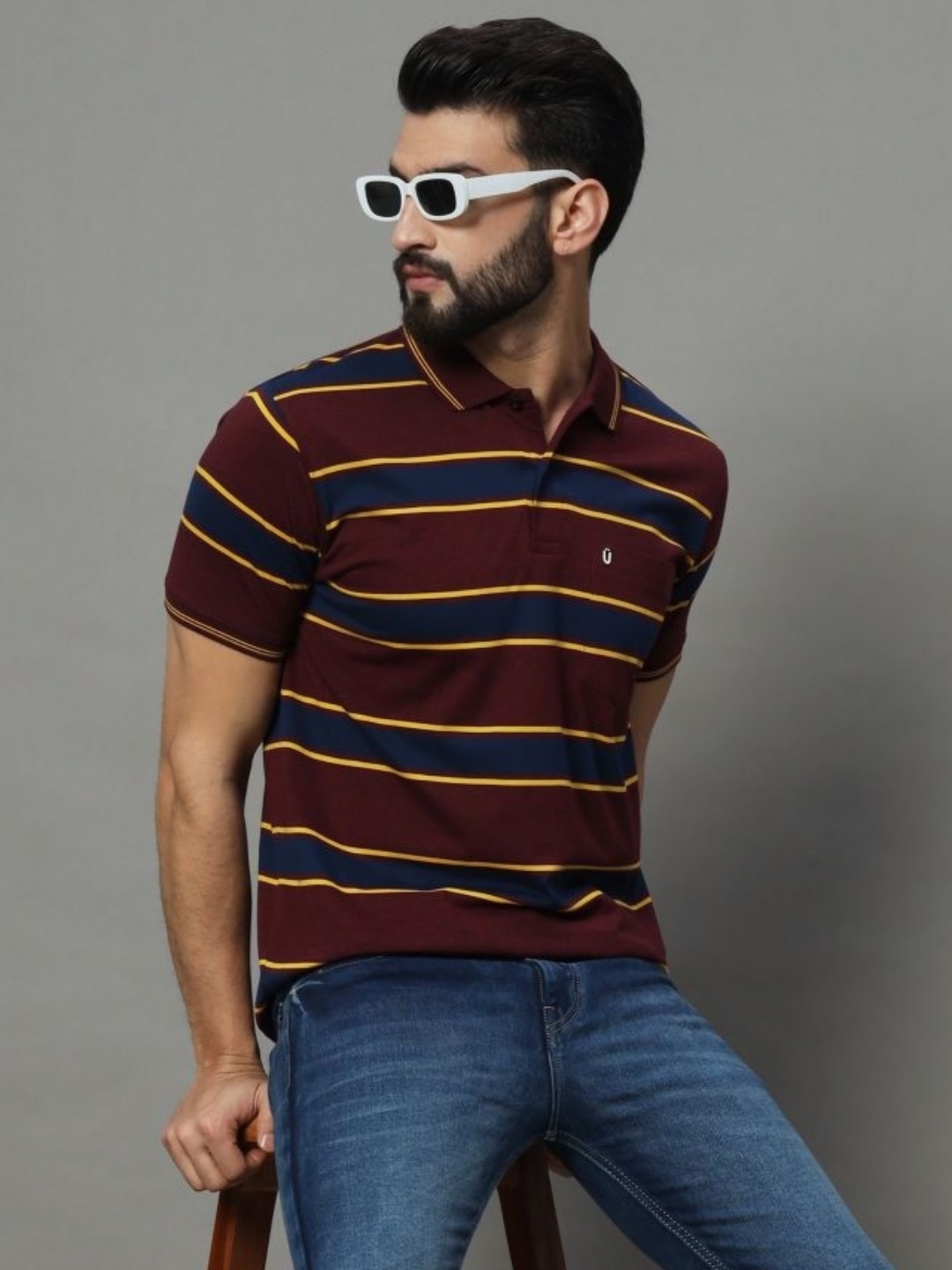 

UNIBERRY Men Striped Polo Collar T-shirt, Maroon